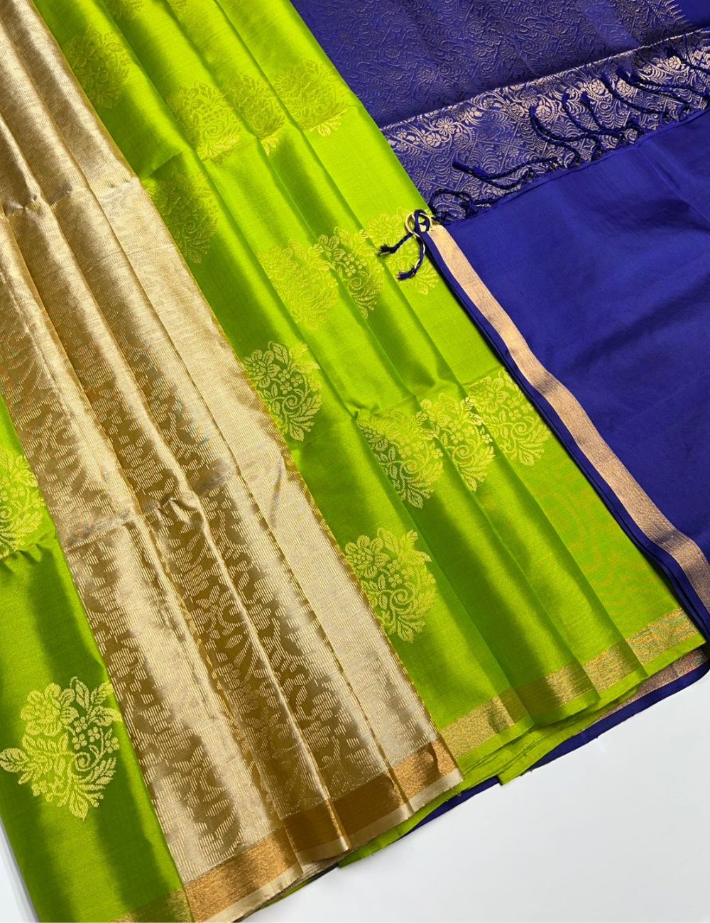 Parrot Green & Blue  - Soft Silk Saree