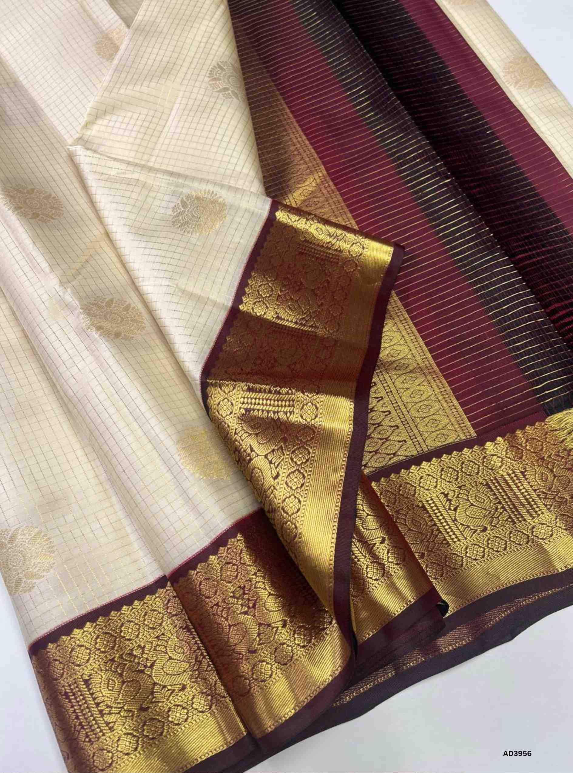 Half White & Maroon - Checkerd Kanjeevaram Silk Saree