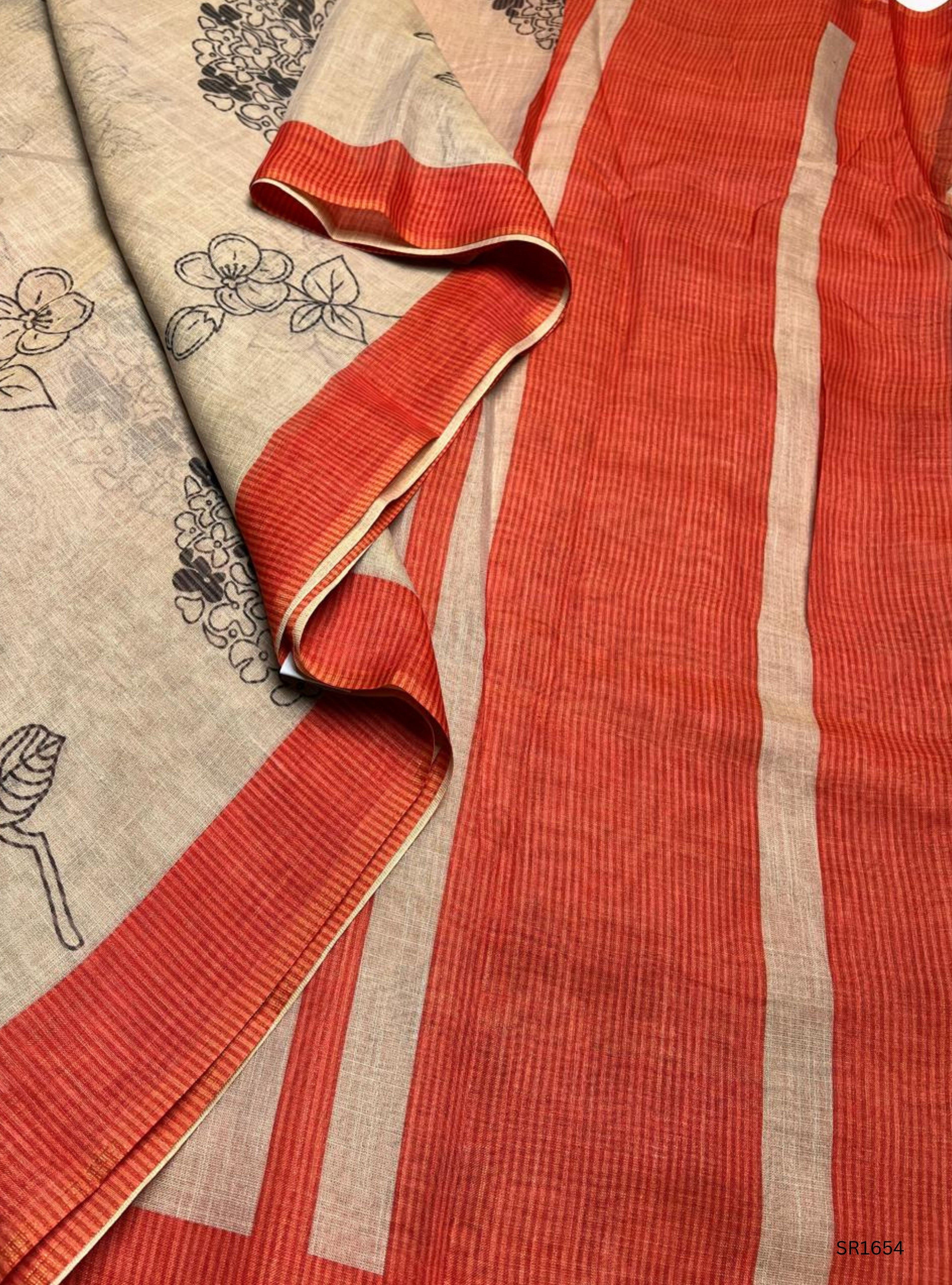 Cream & Orange - Linen  Saree