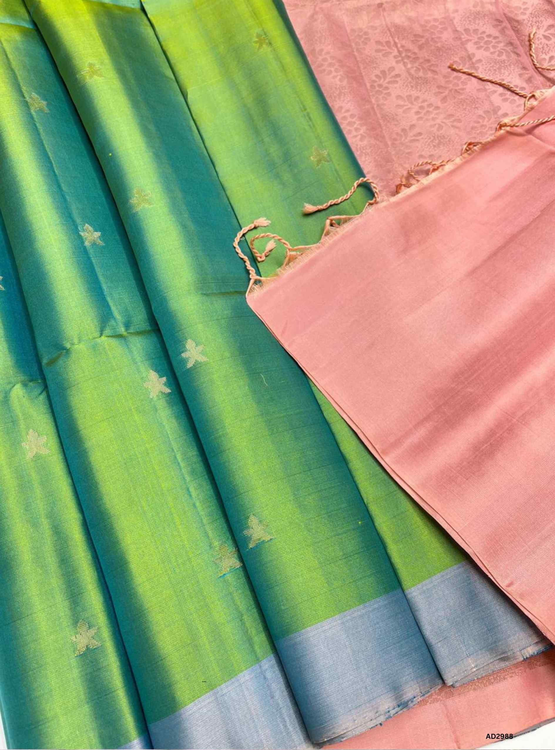 Lite Green & Peach - Soft Silk Saree
