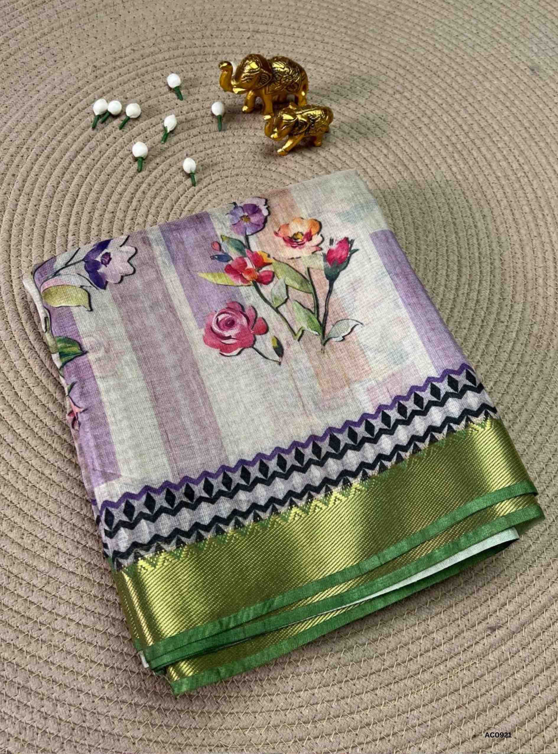 Half White & Green - Semi Tusser Saree