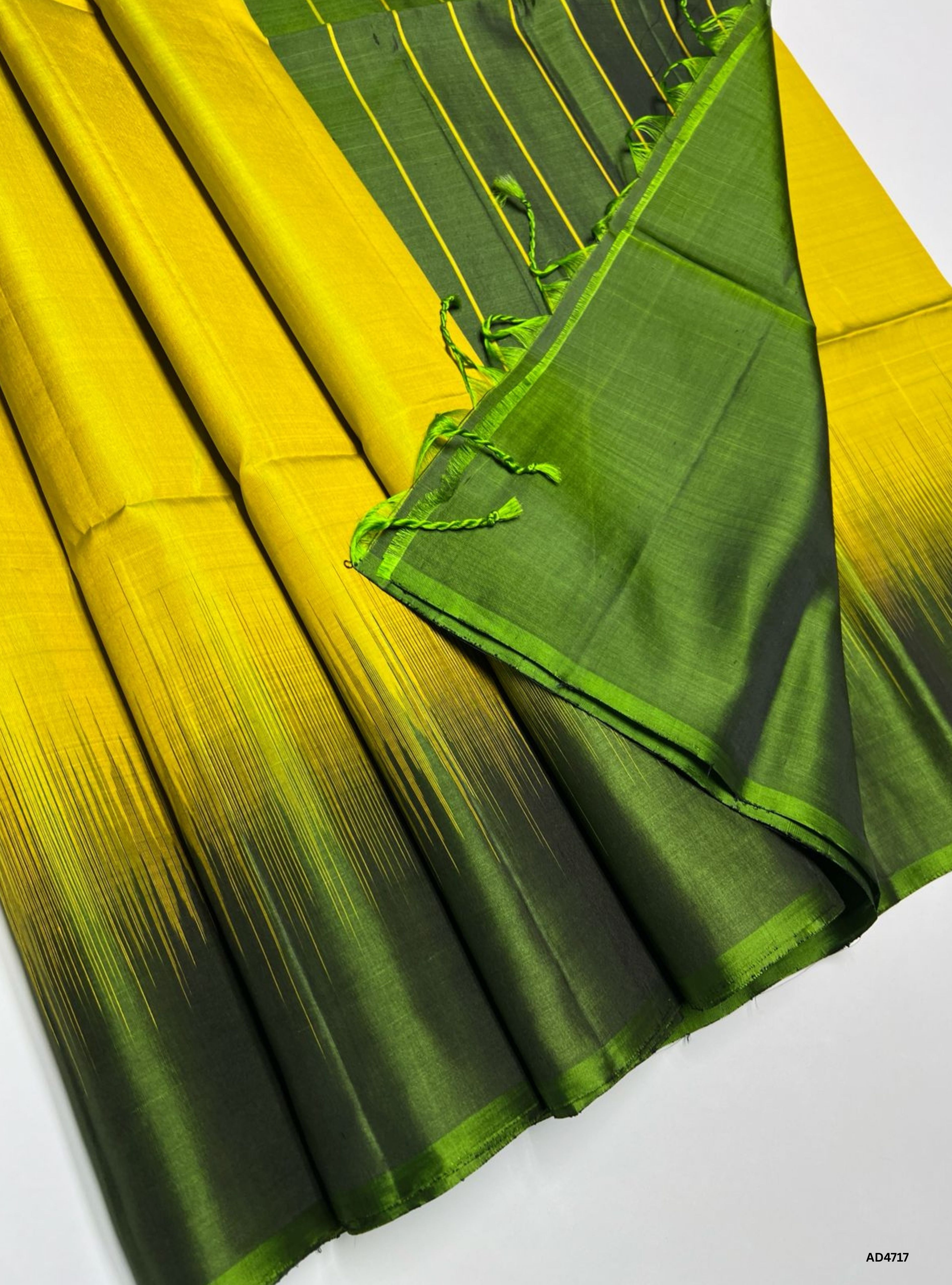 Lime Yellow & Olive Green - Contrast Plain Soft Silk Saree