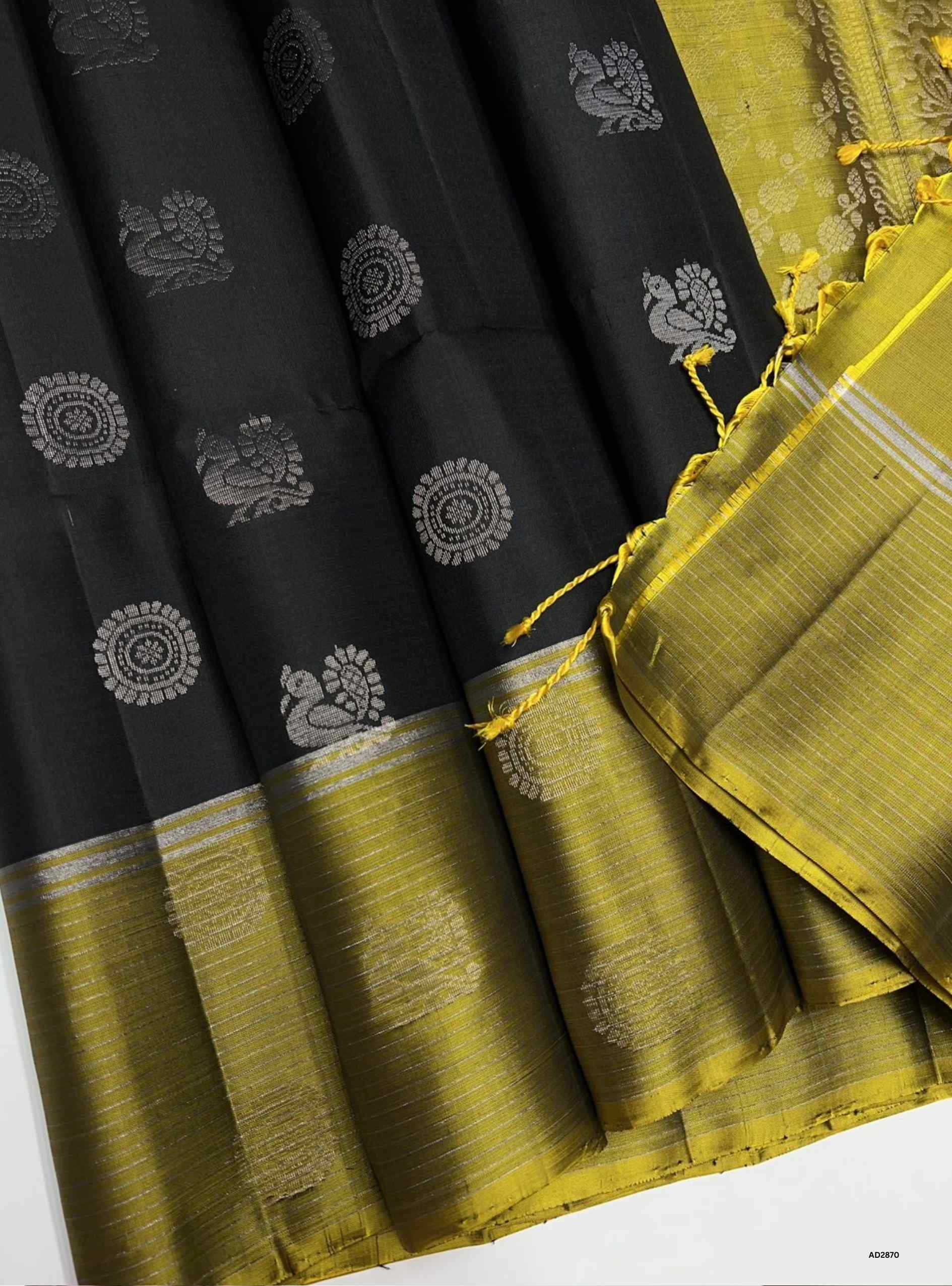 Black & Olive Yellow - Soft Silk Saree