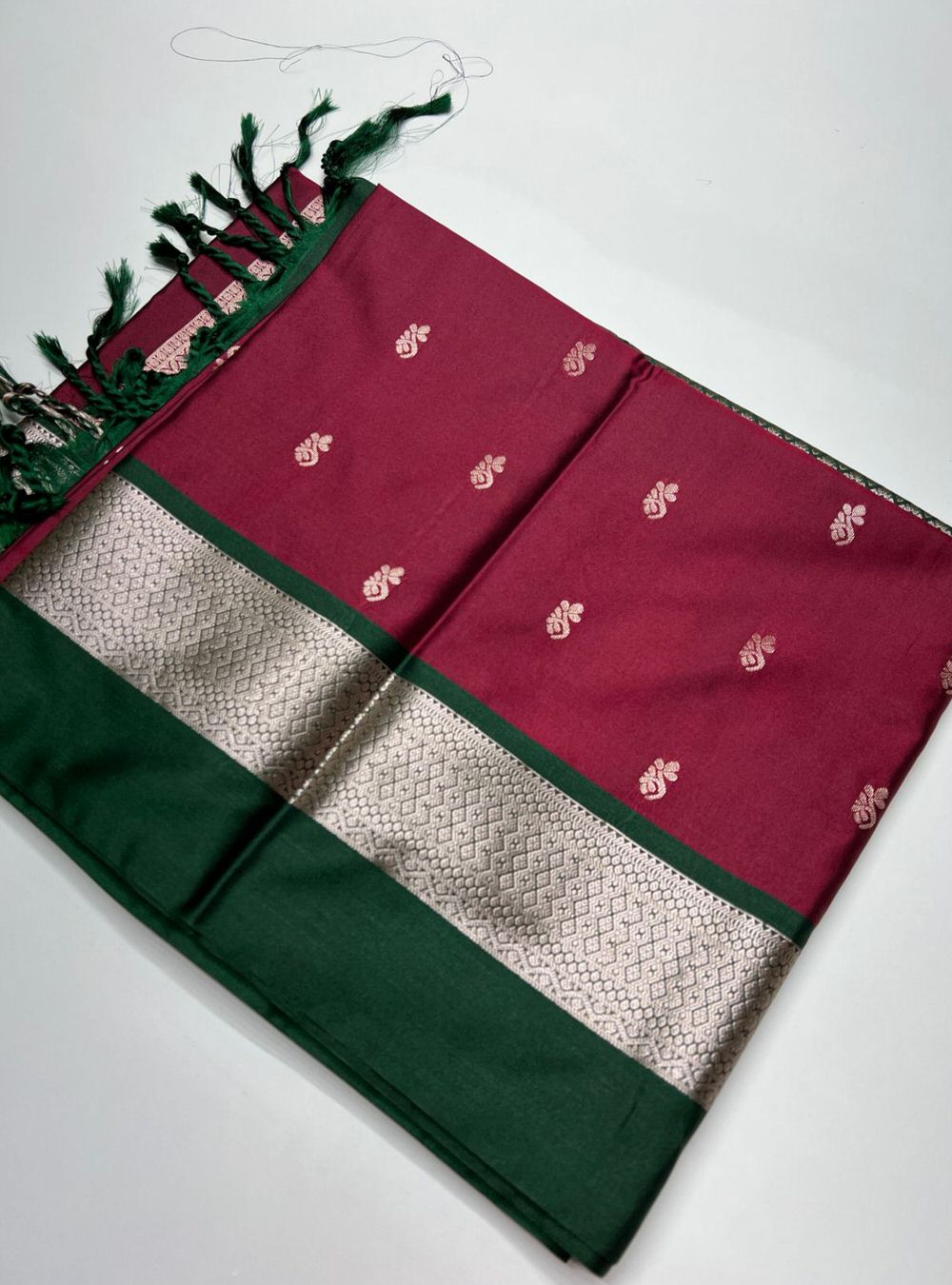 Brick Red & Green - Soft Silk Saree