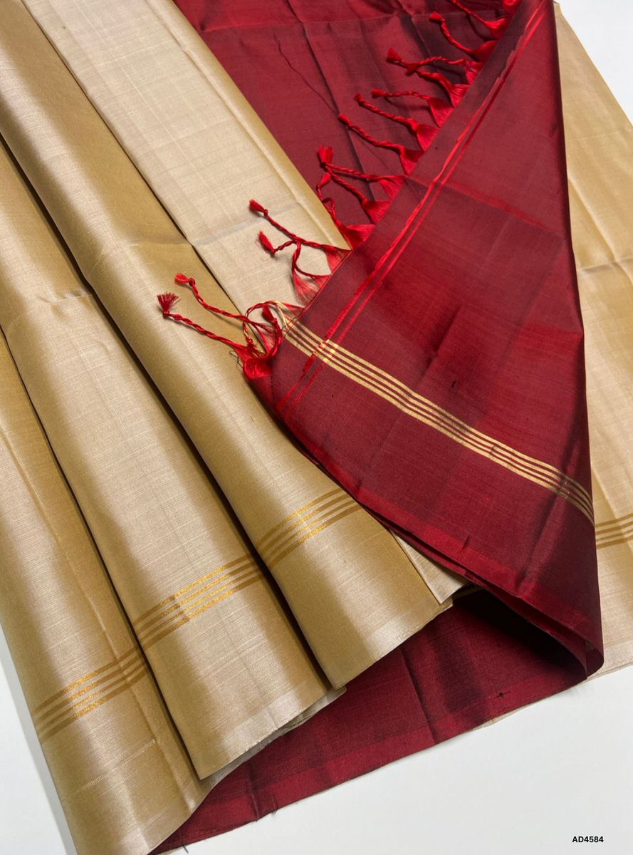 Beige & Maroon - Soft Silk Saree