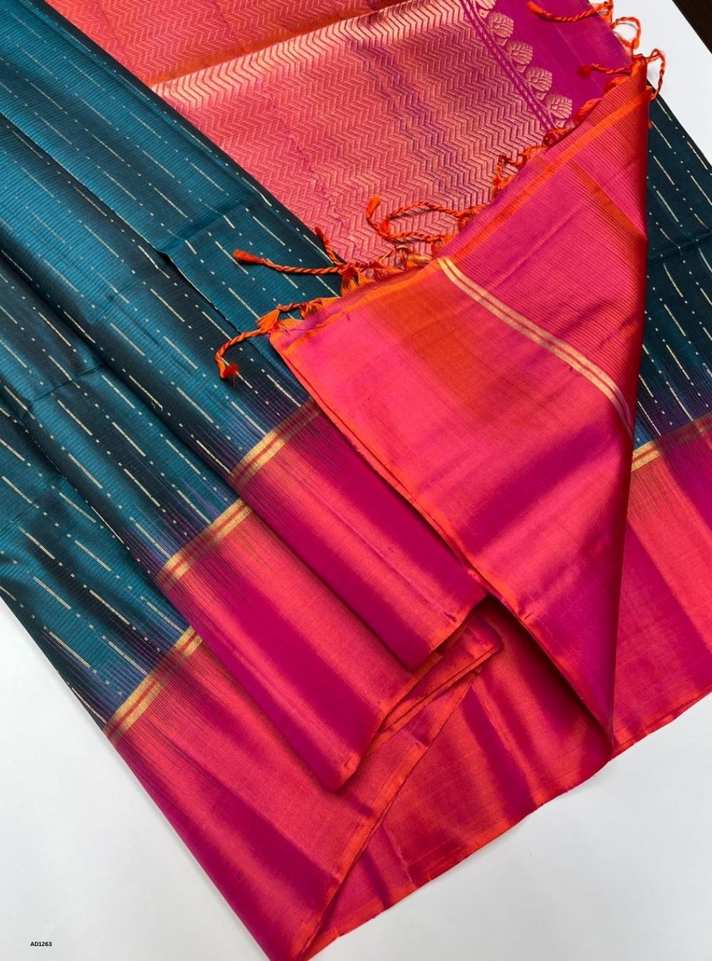 Peacock Green & Orangish Pink -  Soft Silk Saree