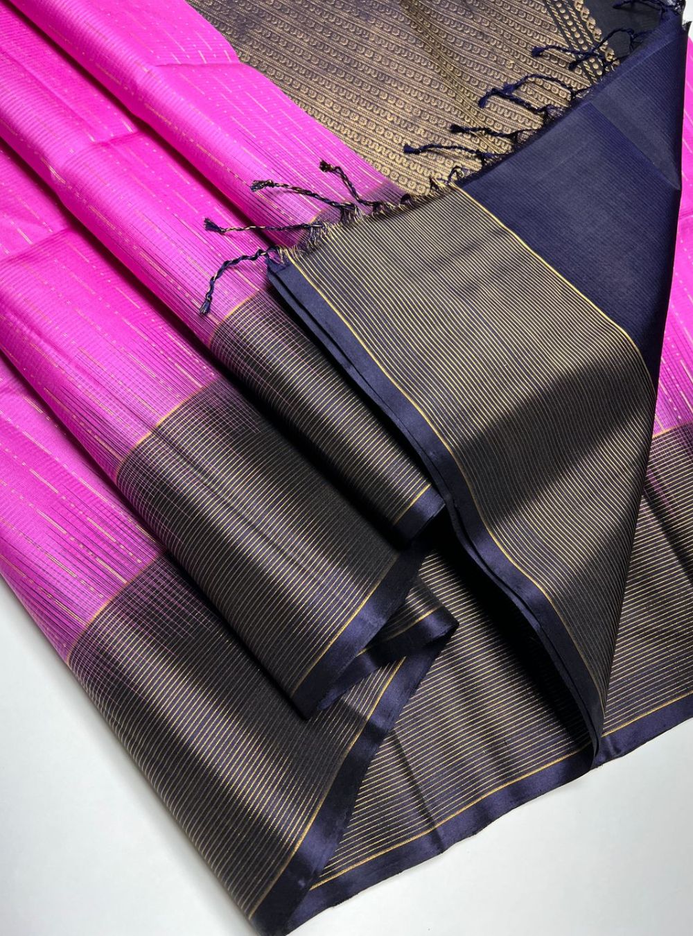 Rose Milk Pink & Navy - Soft Silk Saree