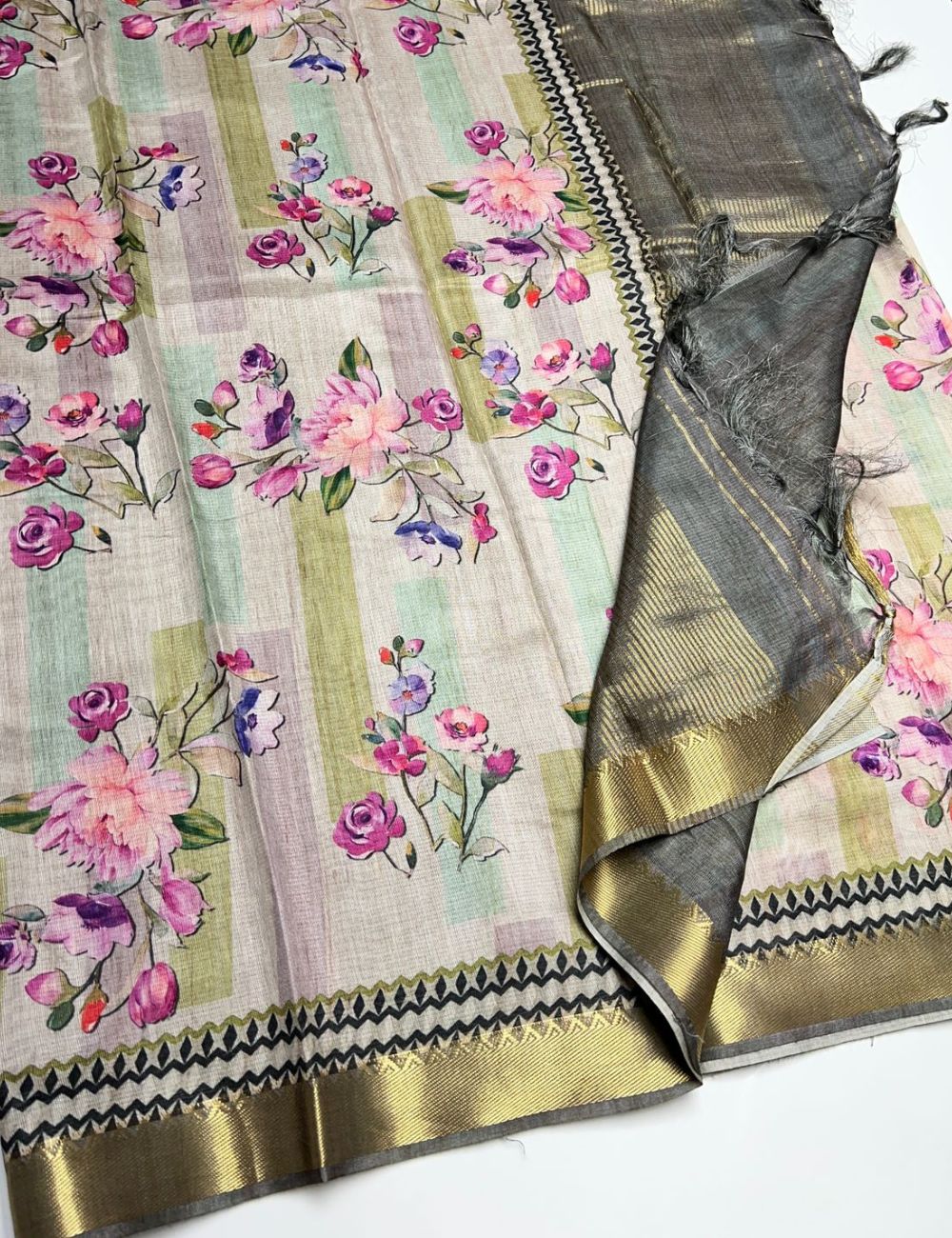 Half White & Grey - Semi Tusser Saree