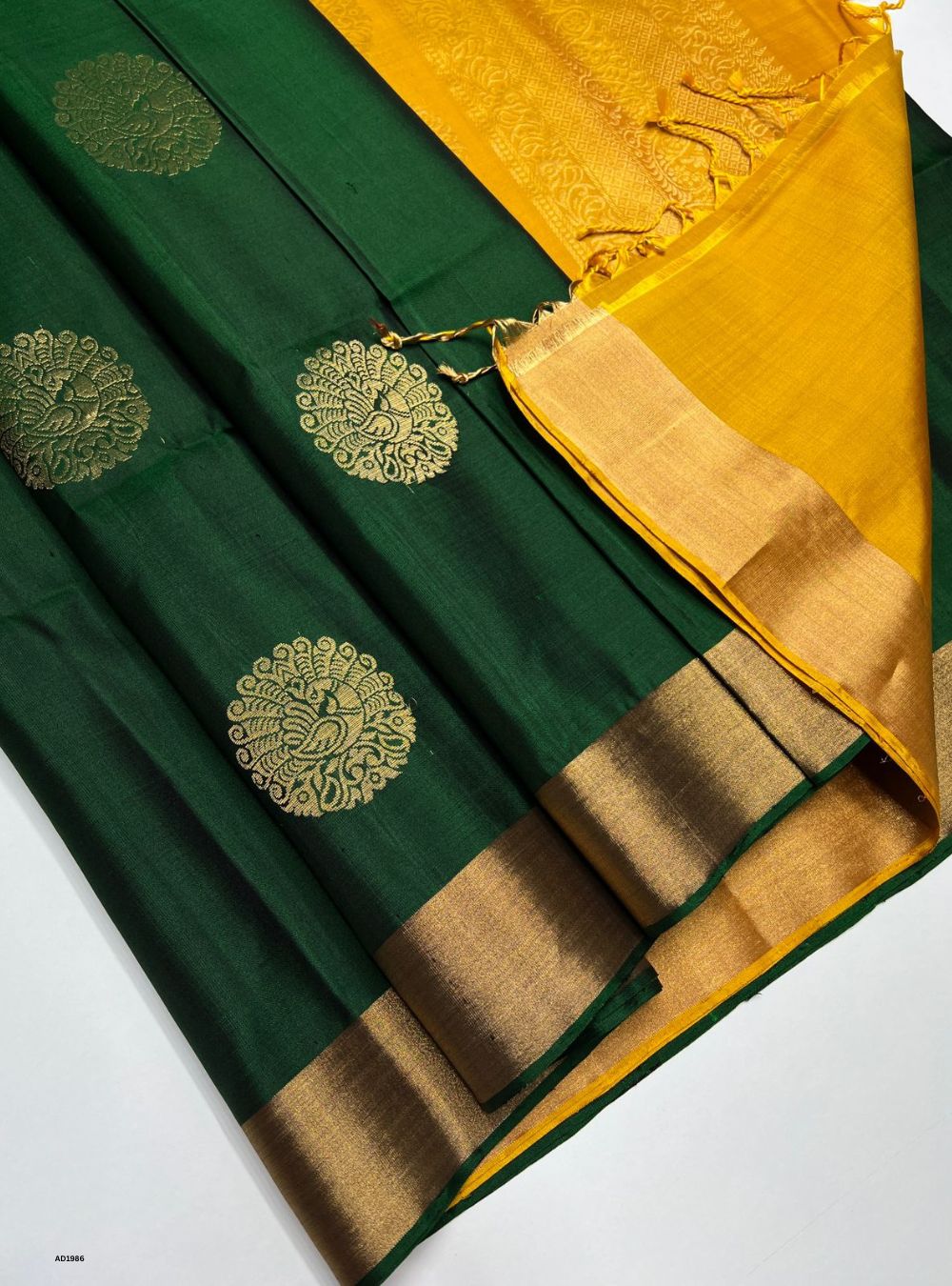 Bottle Green & Yellow - Soft Silk Saree