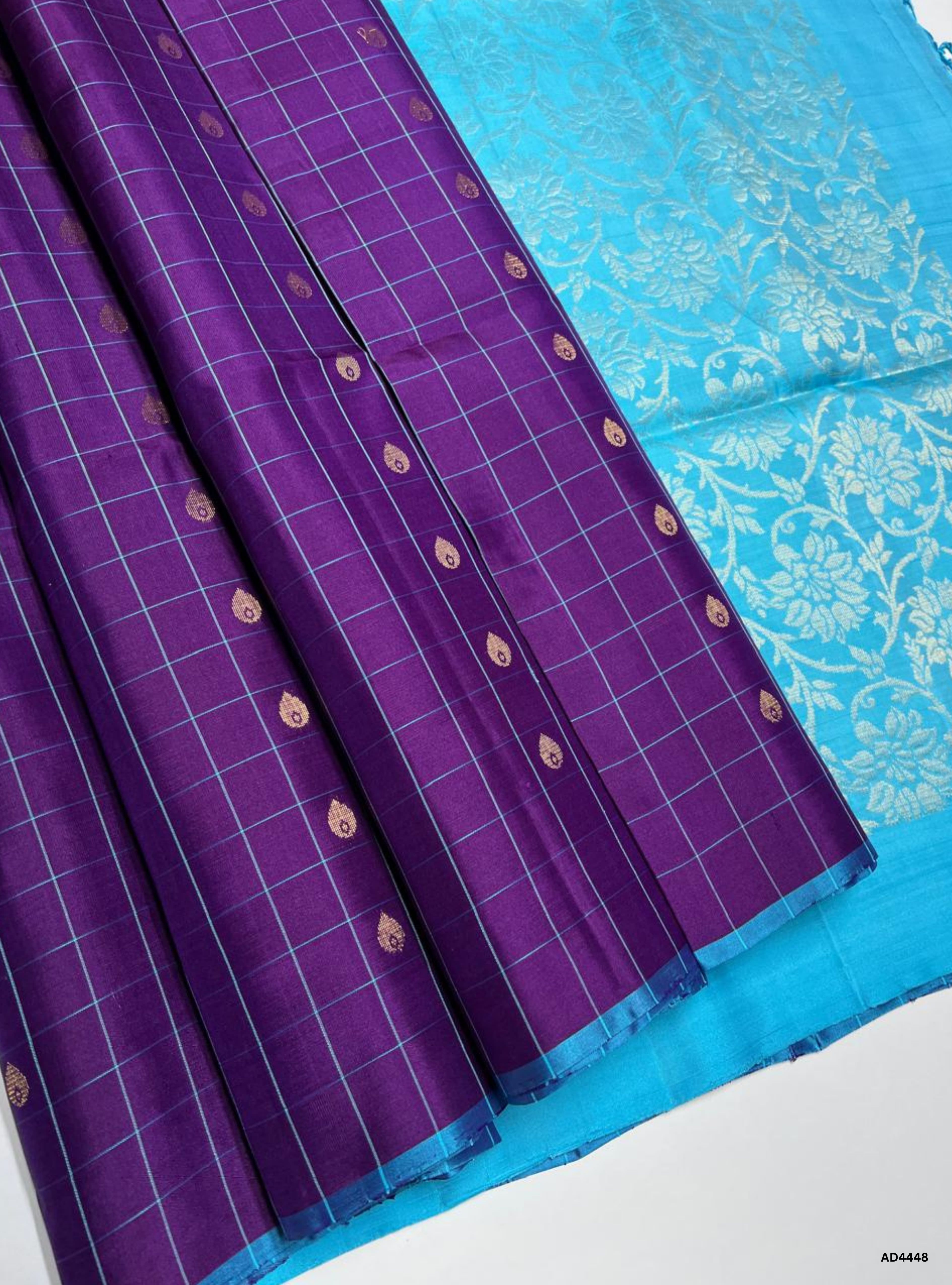 Purple & Ice Blue - Checkerd Soft Silk Saree