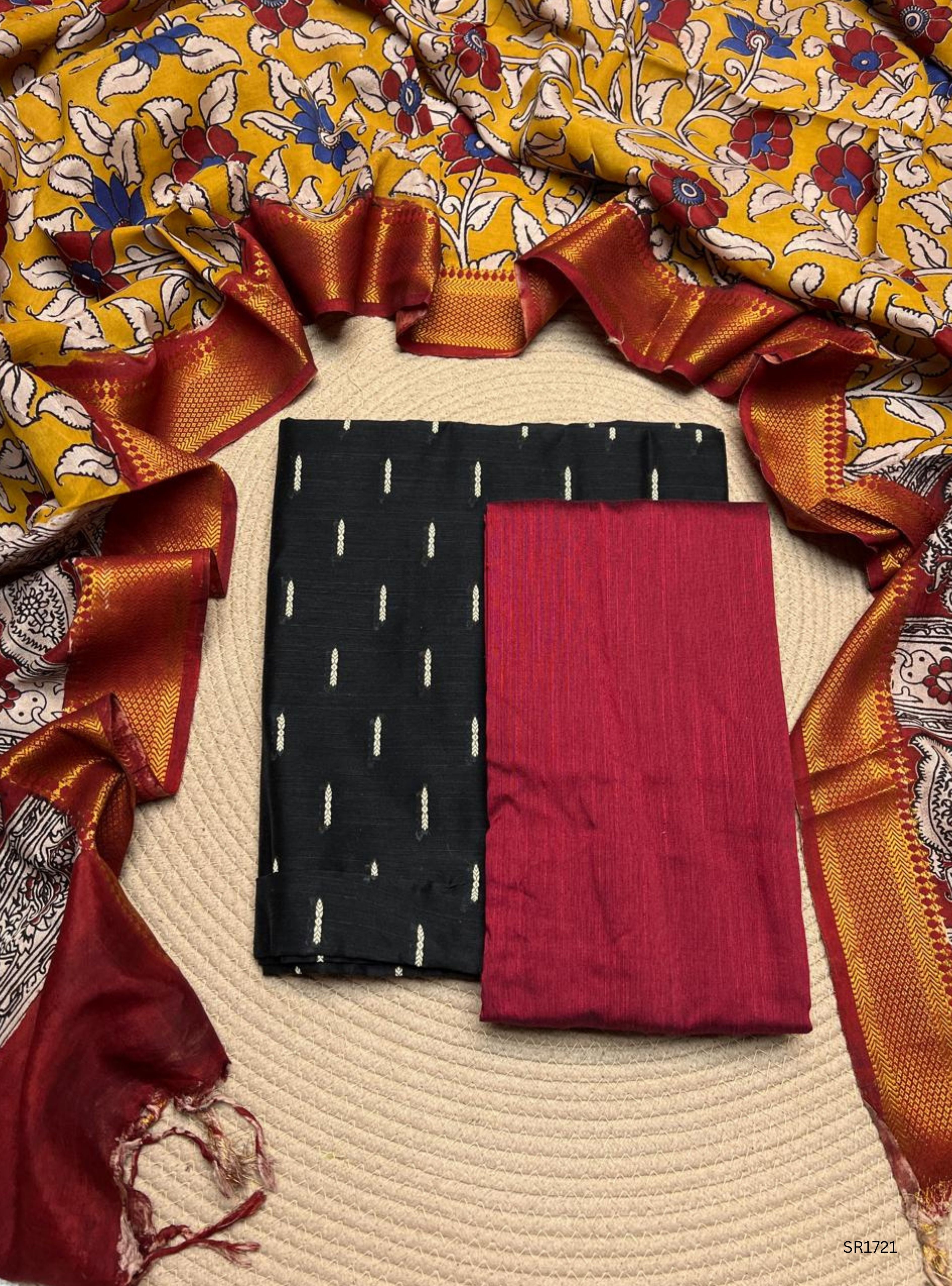 Black - Raw Silk X Kalamkari Unstiched Suit 3 Pc Set