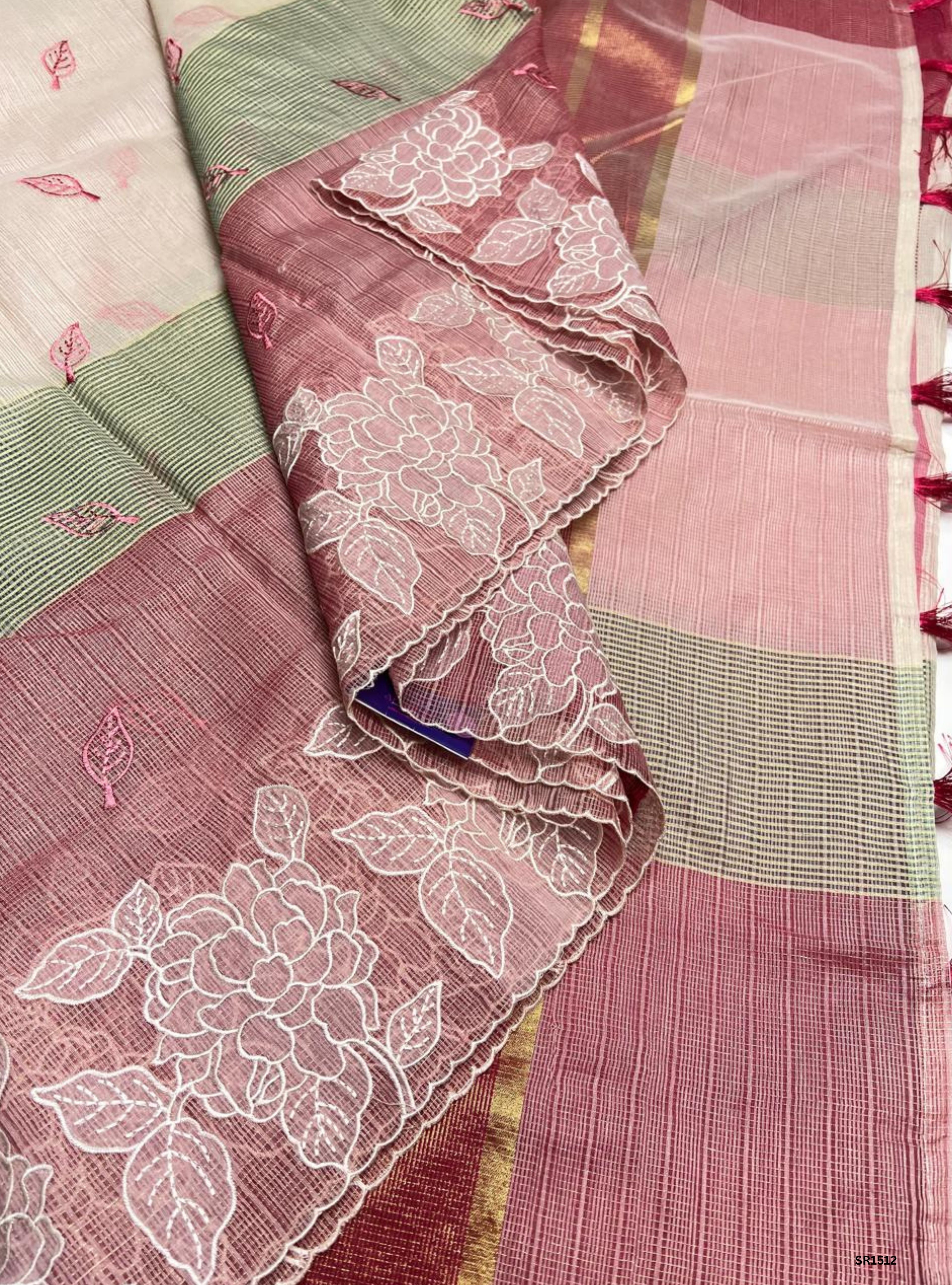 Cream & Pink - Kota Applique Work Saree