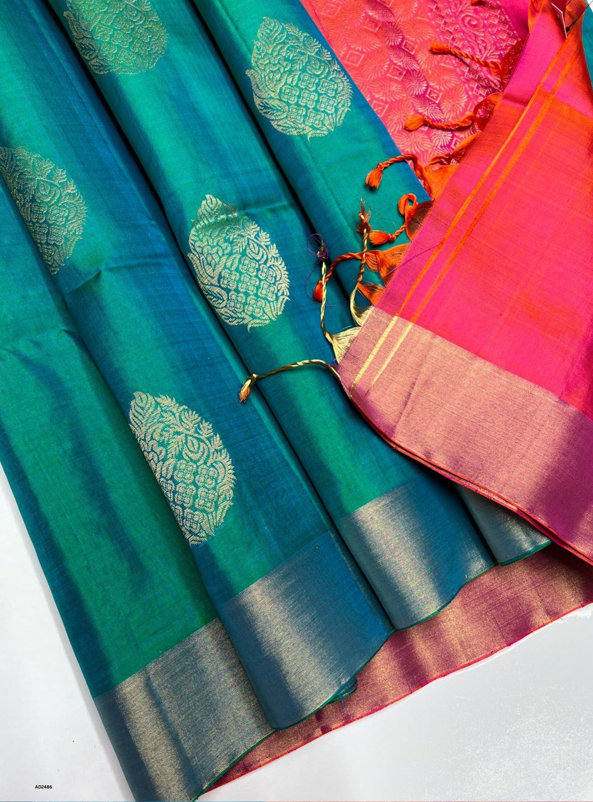 Greenish Blue & Orangish Pink - Soft Silk Saree