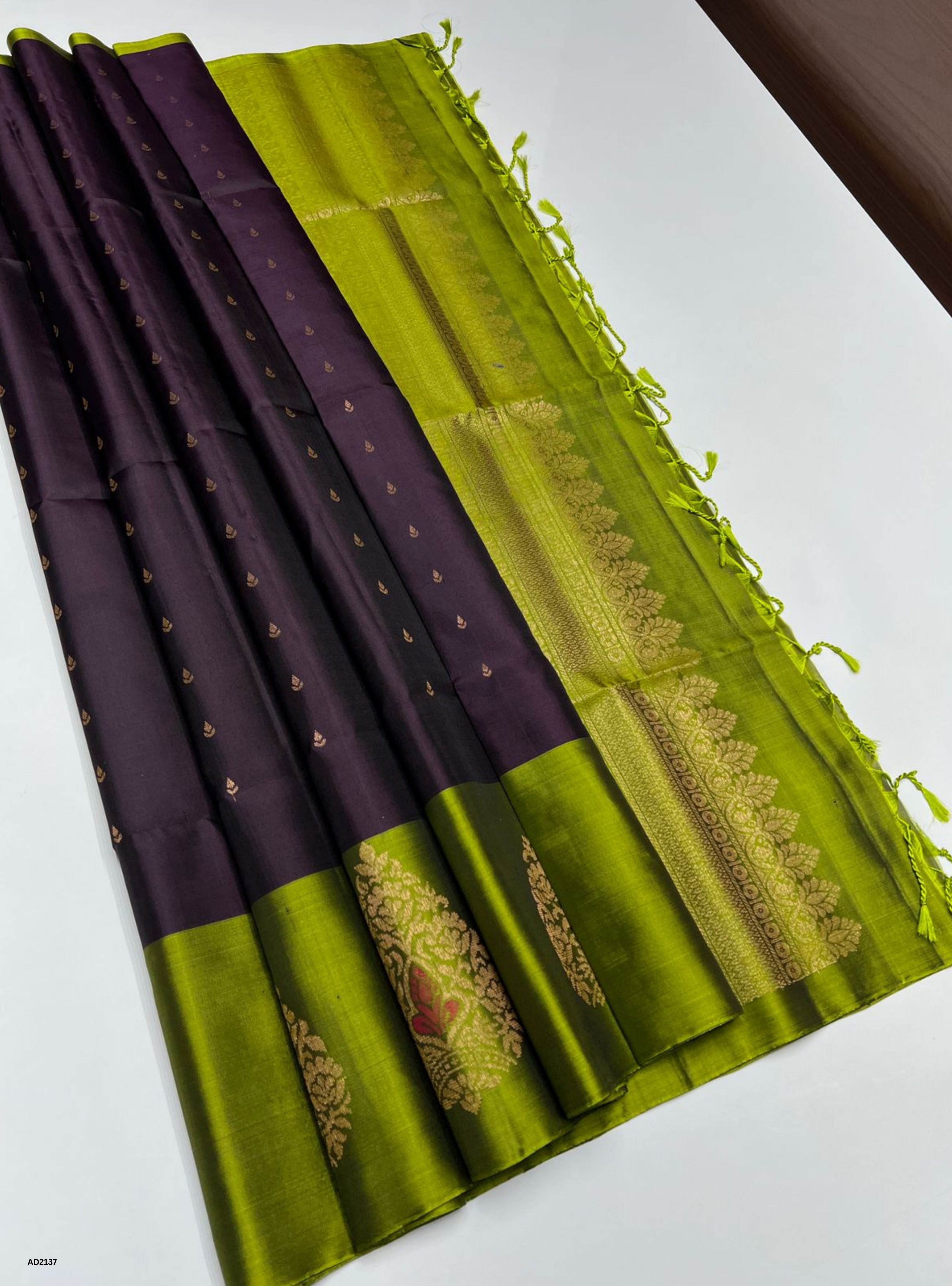 Dark Plum & Parrot Green - Soft Silk Saree