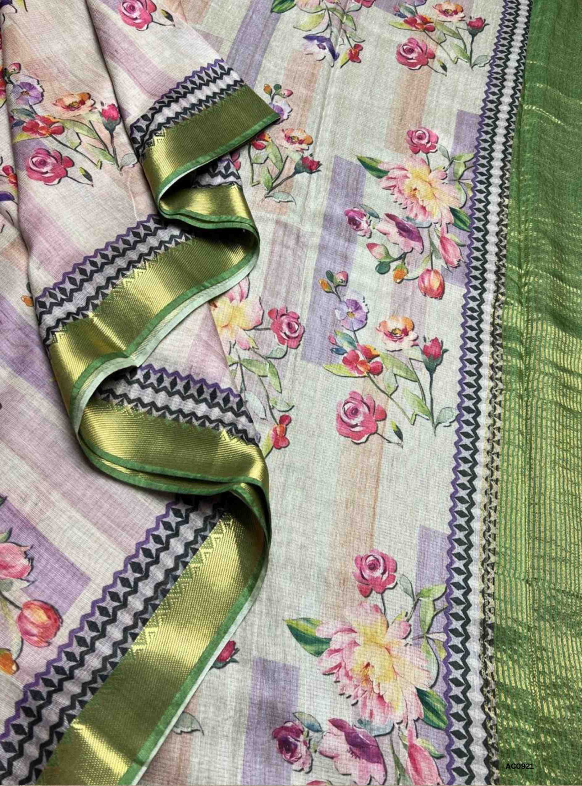 Half White & Green - Semi Tusser Saree