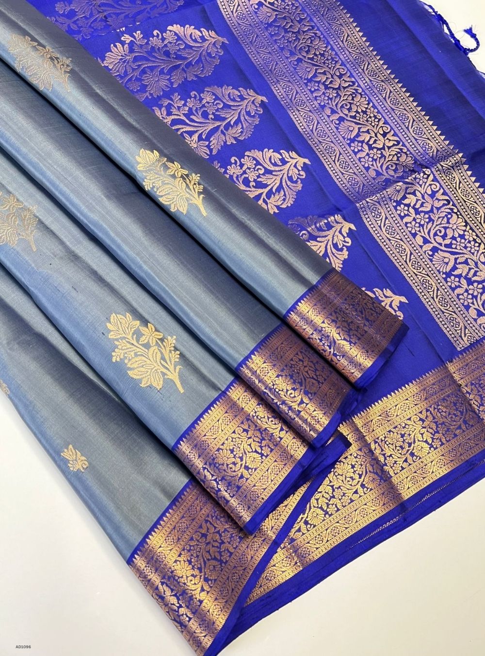 Greyish Blue & Blue - Soft Silk Saree