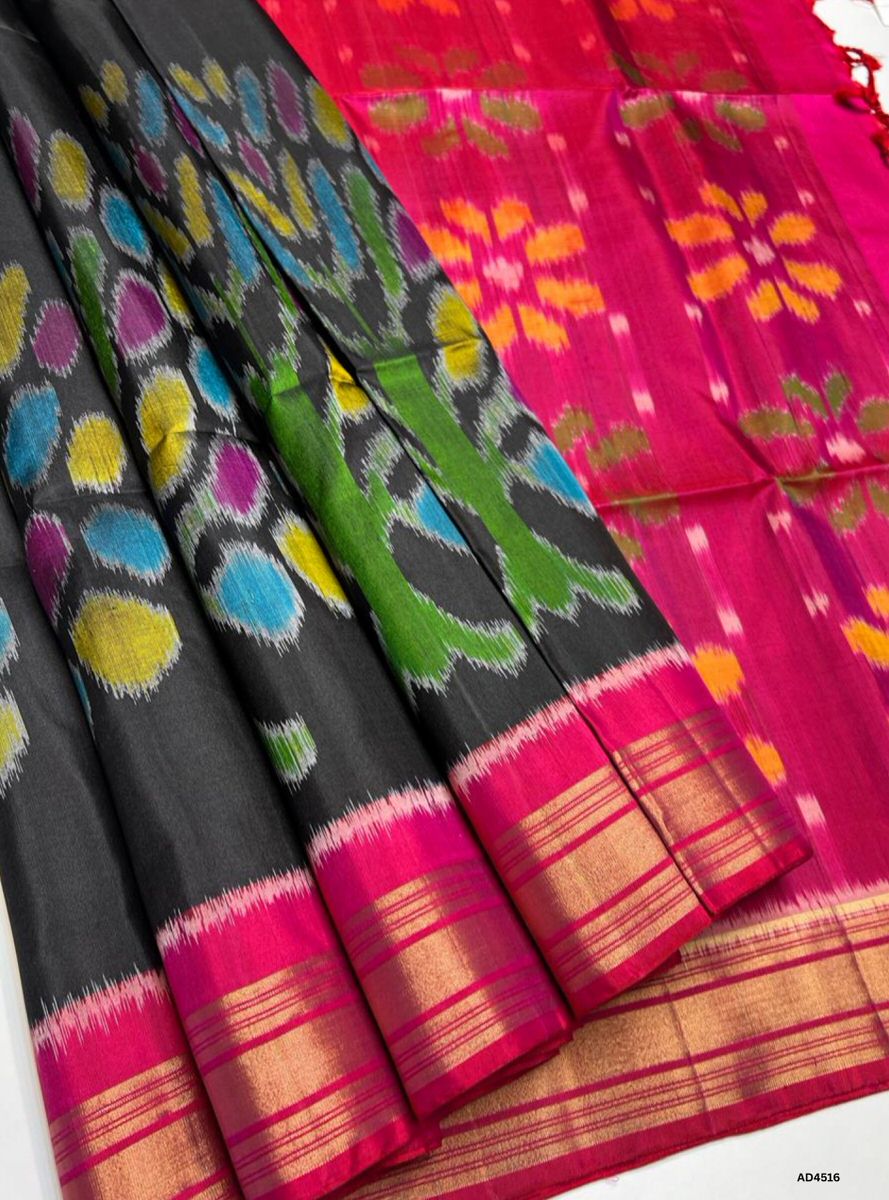 Black & Redish Pink - Pochampally Soft Silk saree