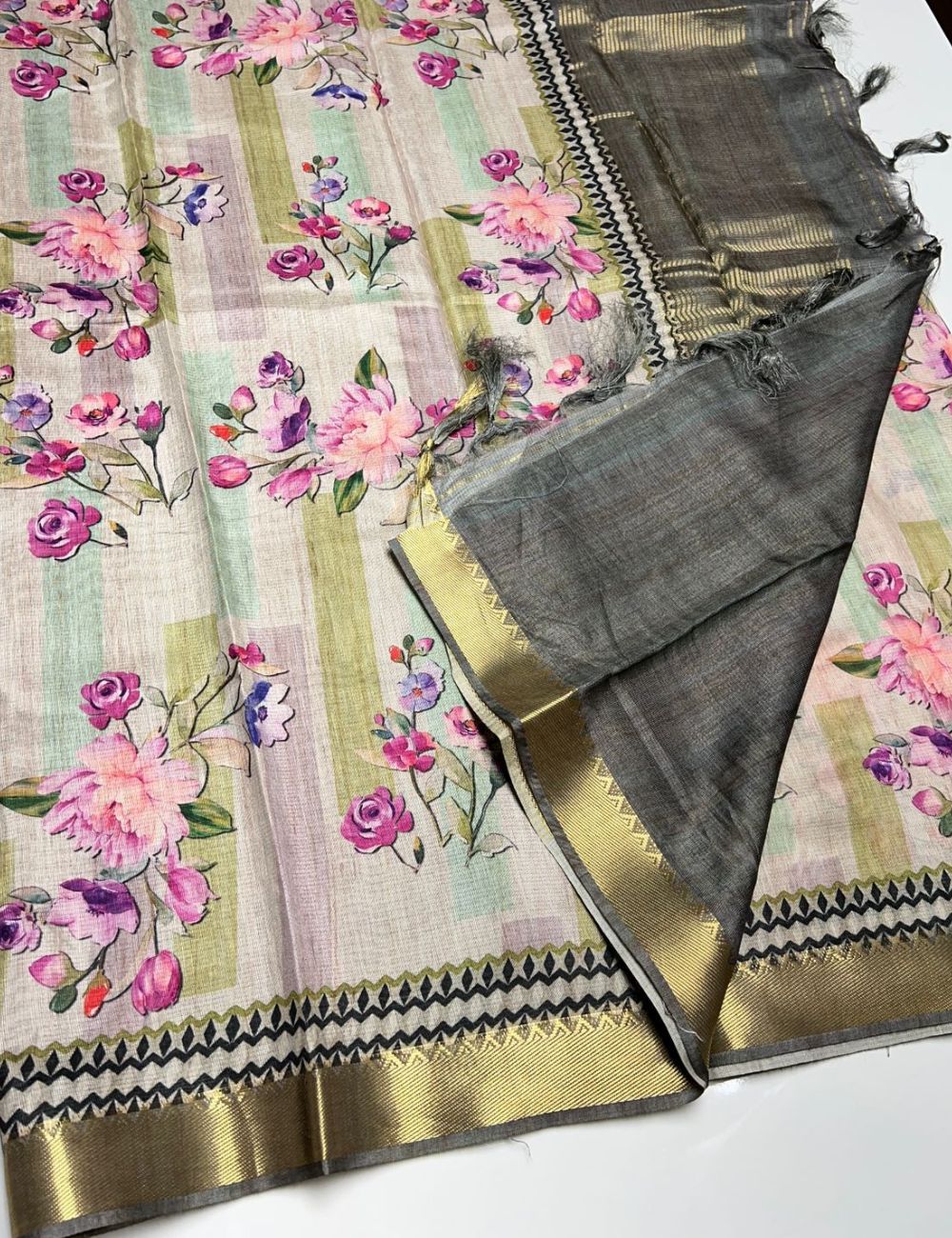 Half White & Grey - Semi Tusser Saree