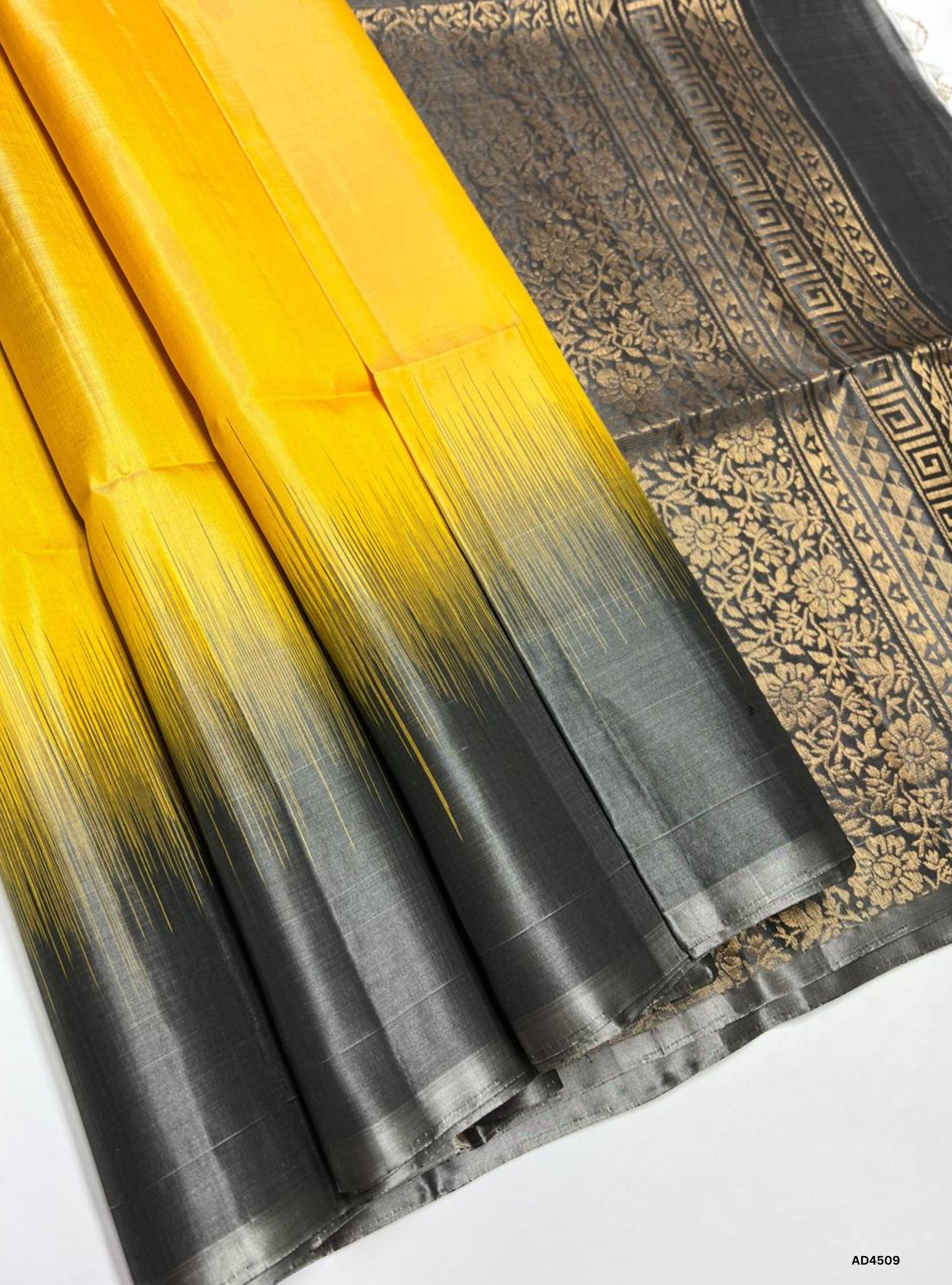Yellow & Grey - Contrast Plain Soft Silk Saree