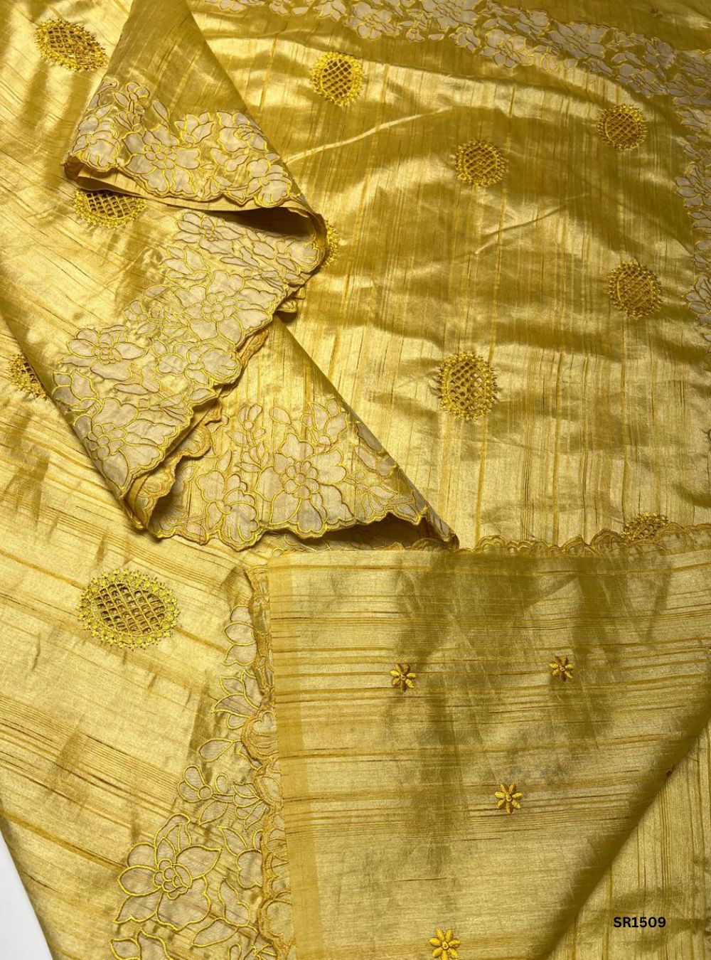 Yellow - Semi Tussar Applique Cut Work Saree