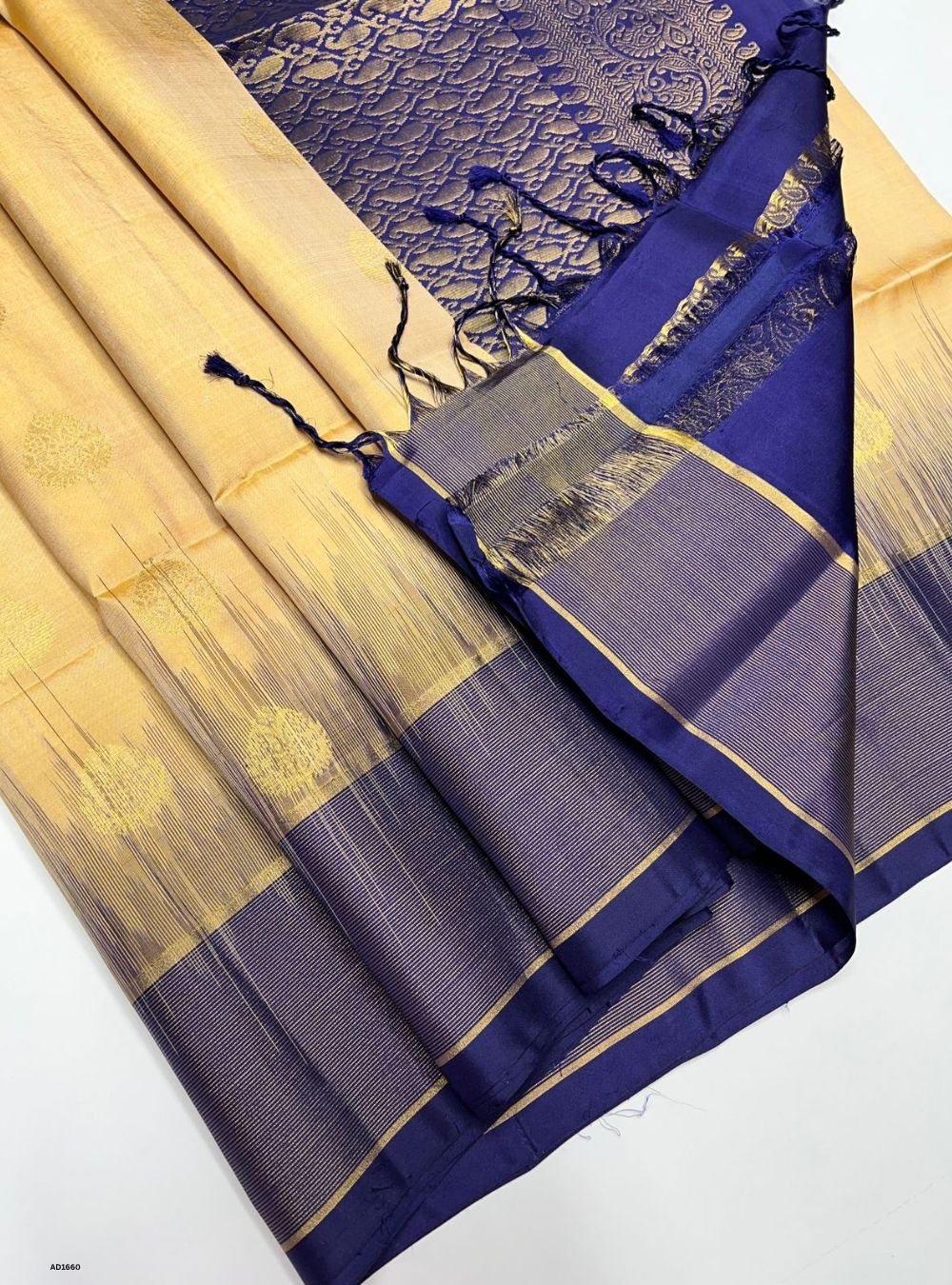 Beige & Navy -  Soft Silk Saree