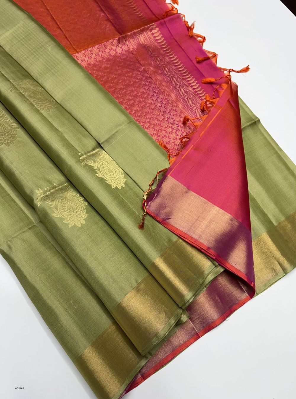 Dark Pista Green & Orangish Pink - Soft Silk Saree