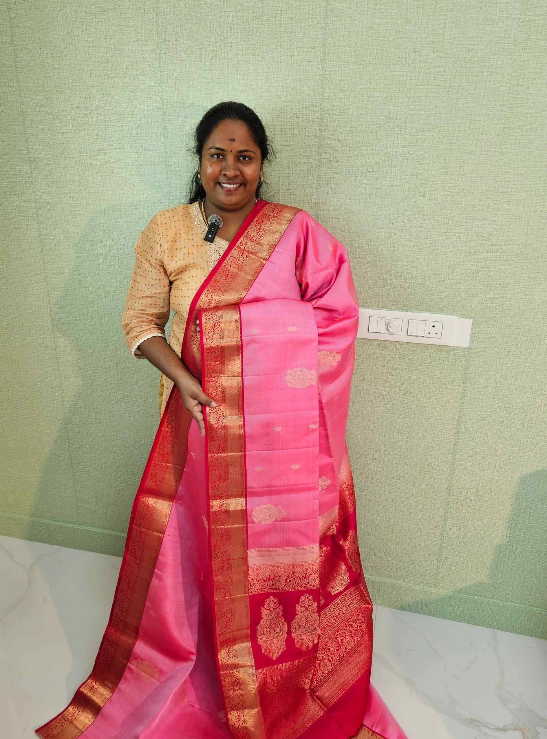 Handwoven Baby Pink body with Red border Full Brocade Soft Silk Saree featuring gold zari motifs