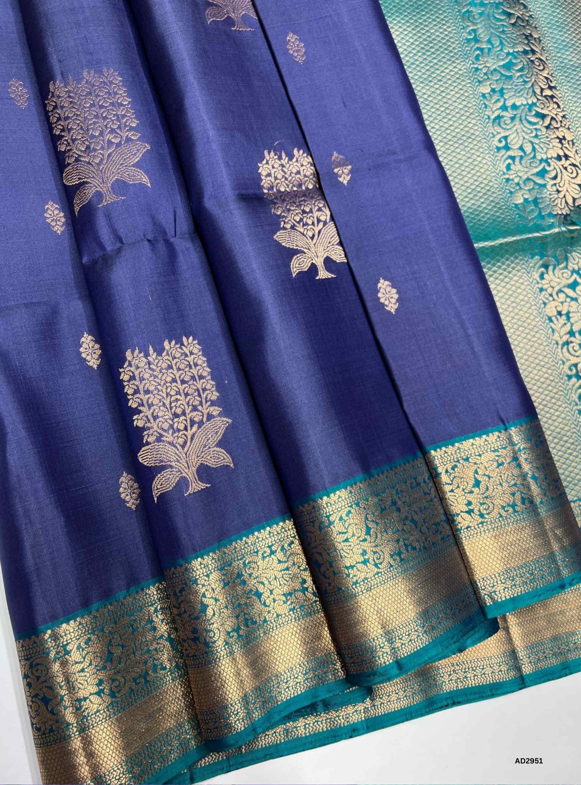 	“Authentic Silk Mark certified Blue soft silk saree with Rama Green jacquard pallu and blouse”