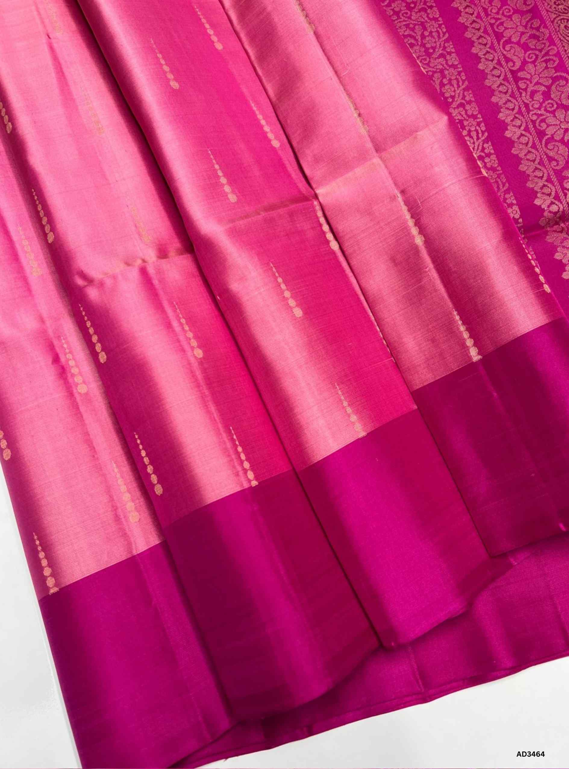 Handwoven Bubble Gum Pink body with Rani Pink pallu Bhutta Soft Silk Saree featuring gold zari motifs and borders