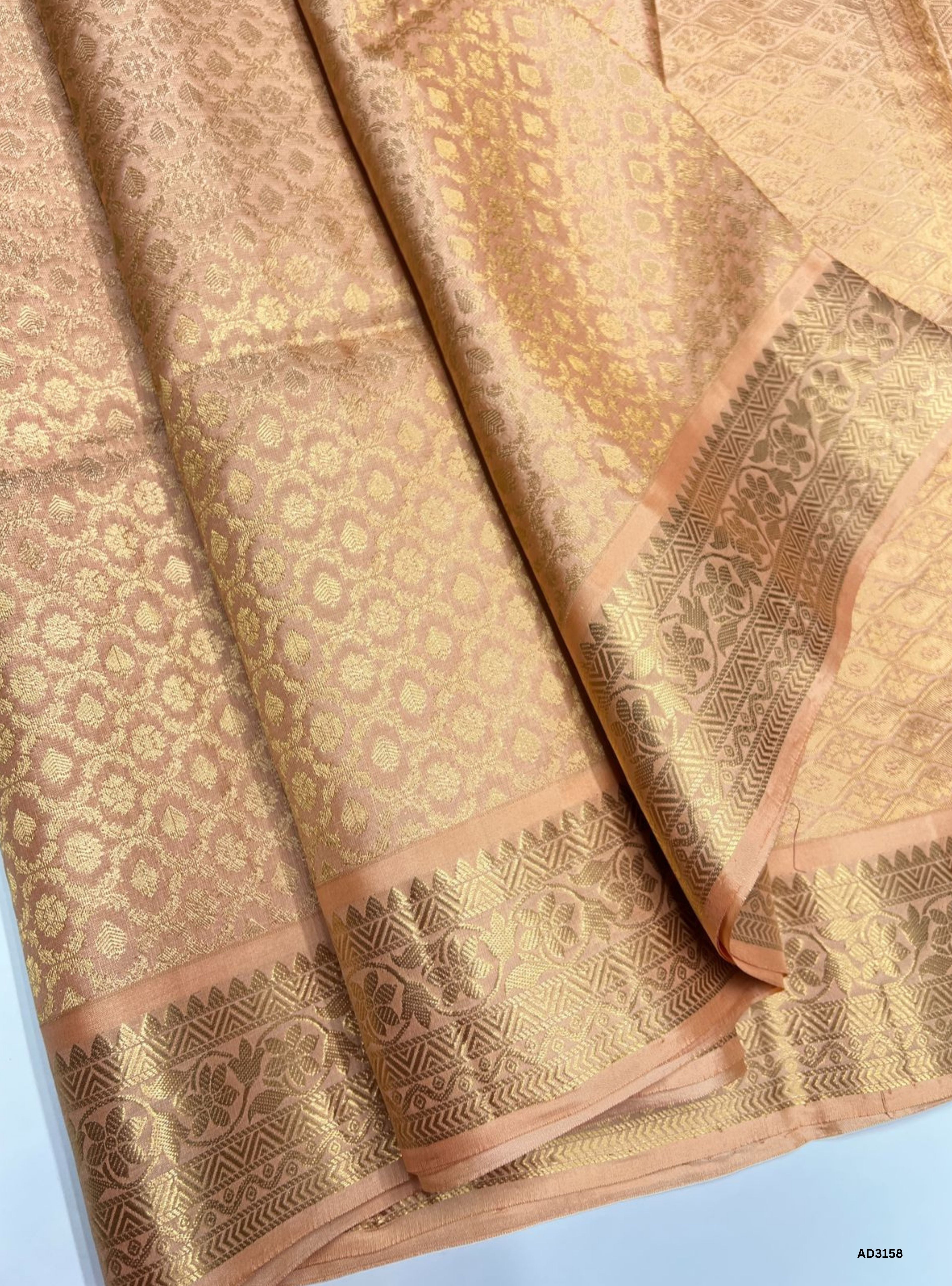 "Handwoven Cream Full Brocade Soft Silk Saree with gold zari jacquard border"