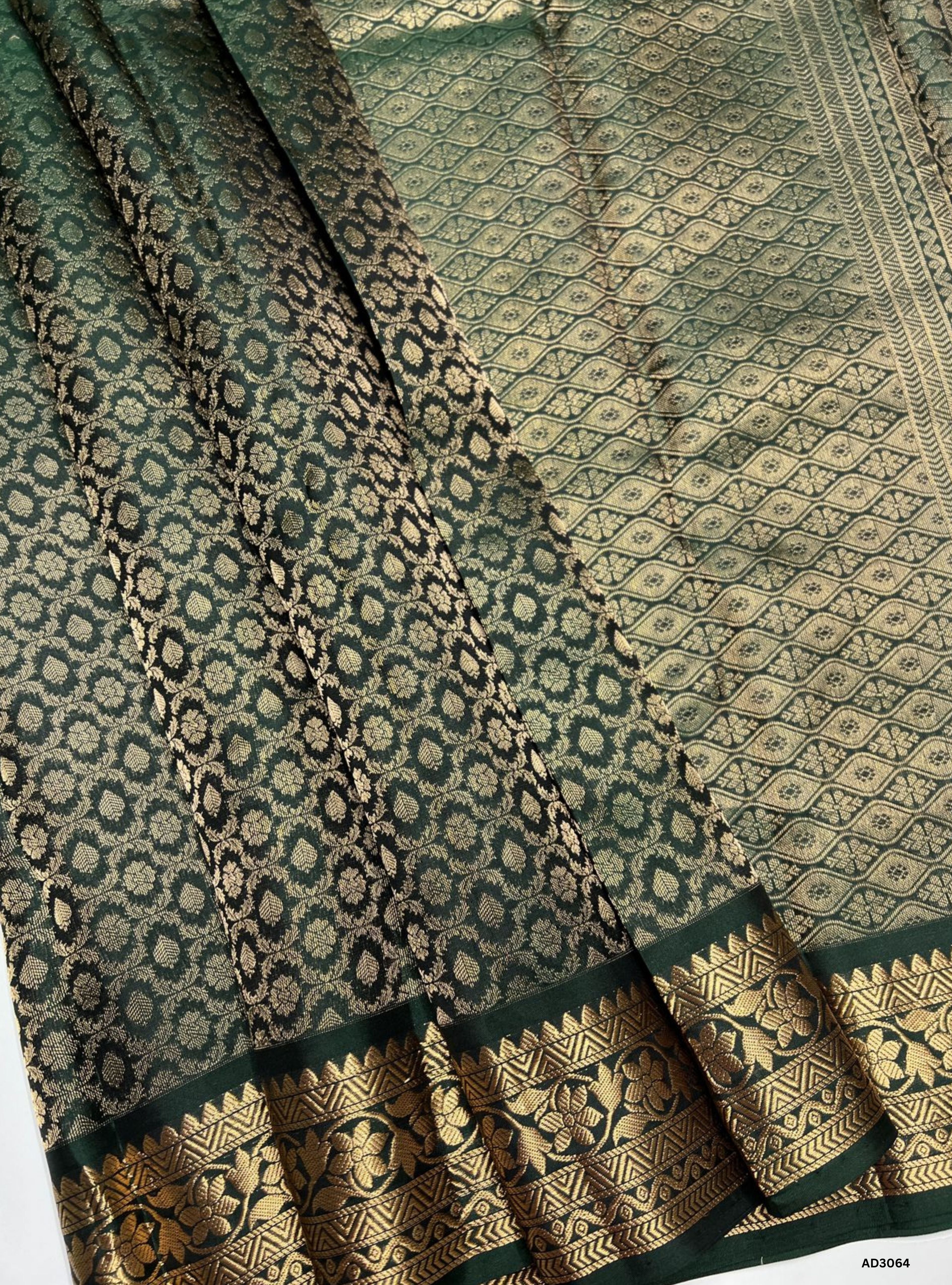 "Handwoven Dark Green body with matching Jacquard border Full Brocade Soft Silk Saree featuring gold zari motifs"