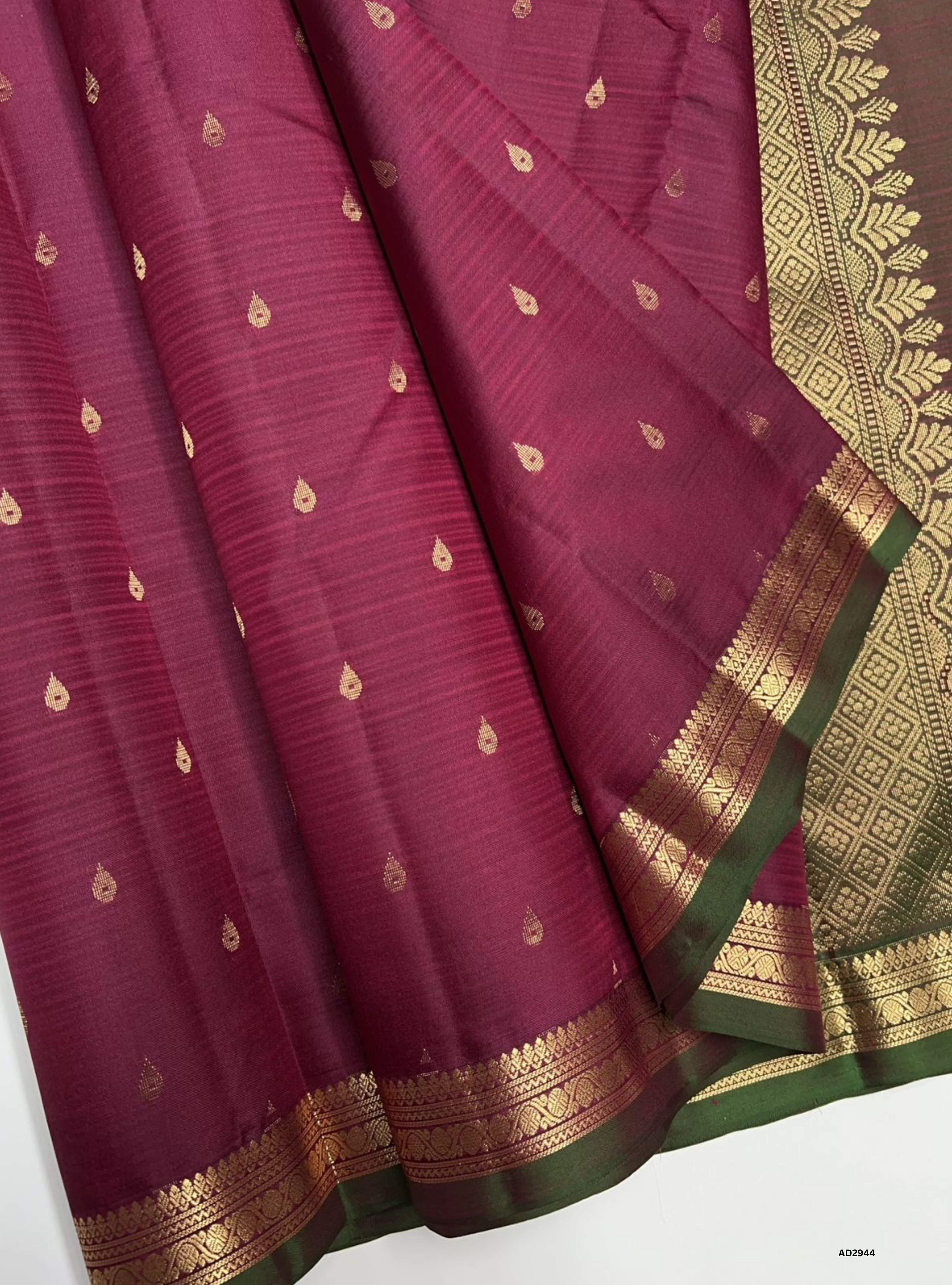 "Handwoven Dark Raspberry & Green Small Jacquard Border Soft Silk Saree with gold zari motifs"