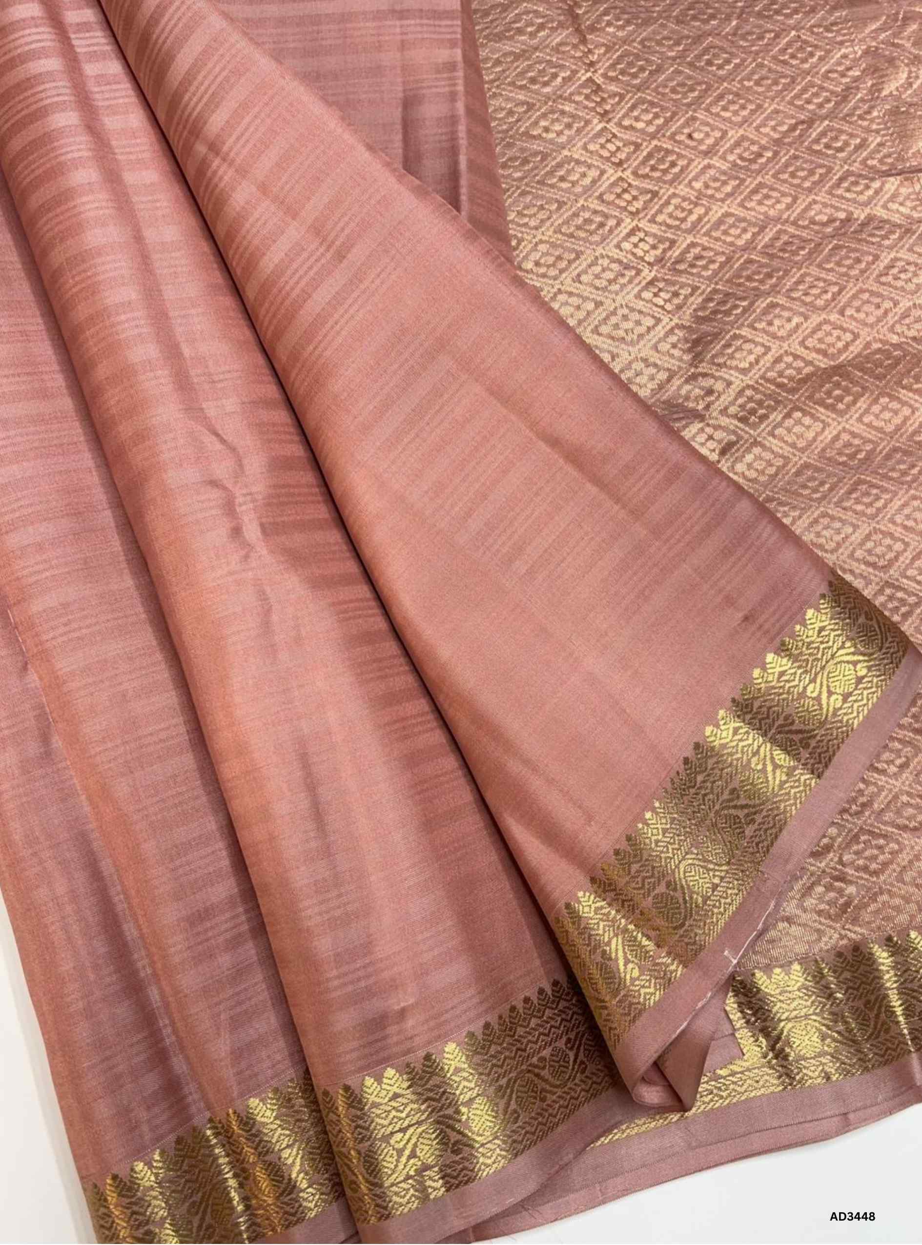 Handwoven Dusty Peach Small Bhutta Soft Silk Saree with Jacquard Border and gold zari work
