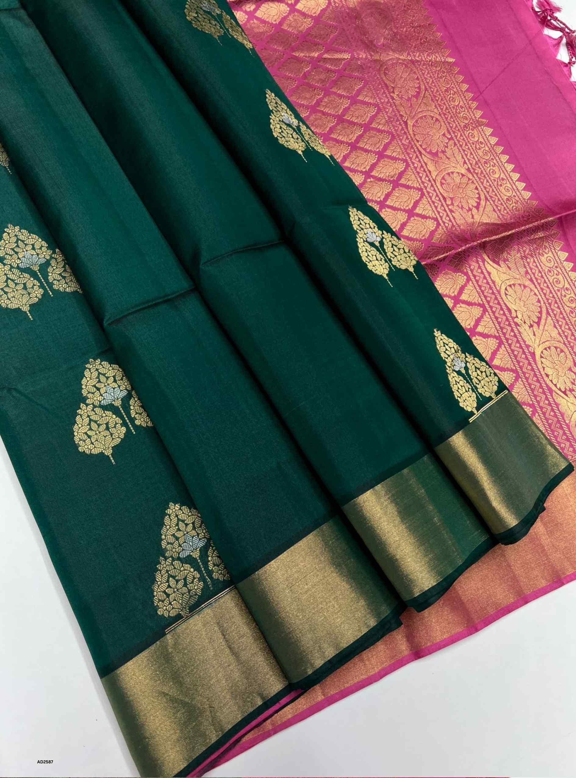 Green saree with gold border and pink 
