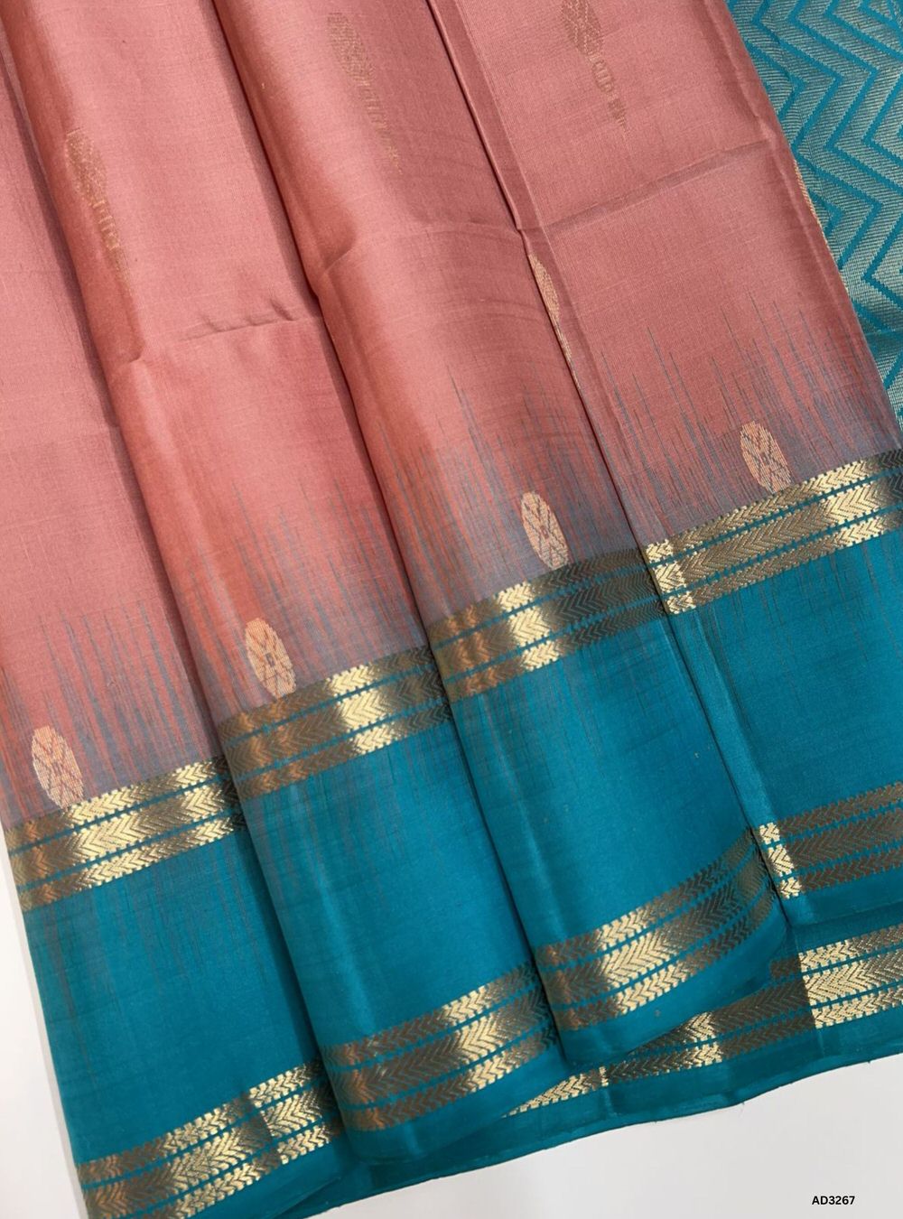 Saree with pink and blue gradient and gold border