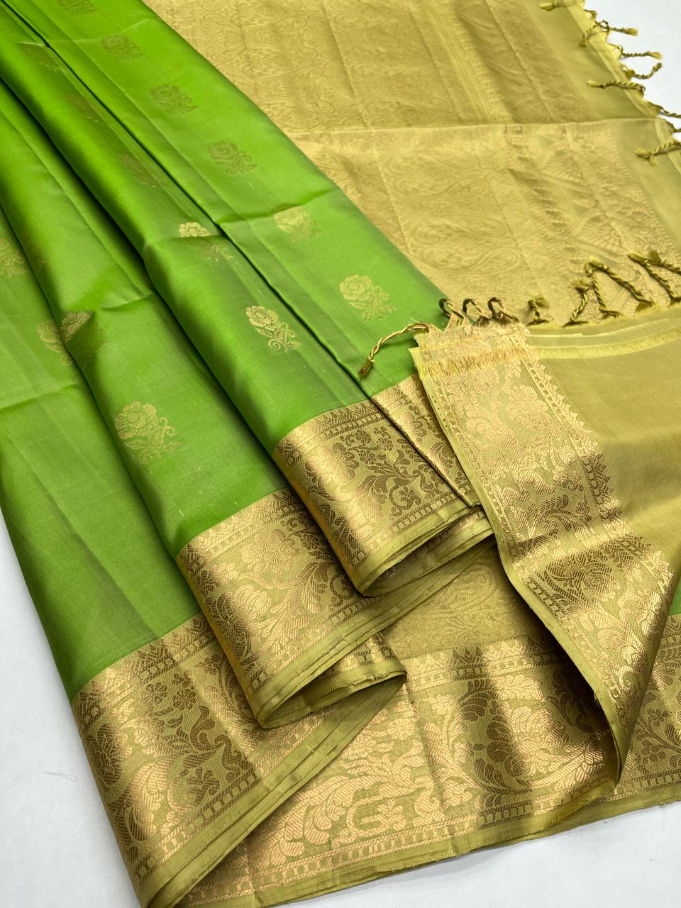 Leaf Green  & Golden   - Soft Silk Saree