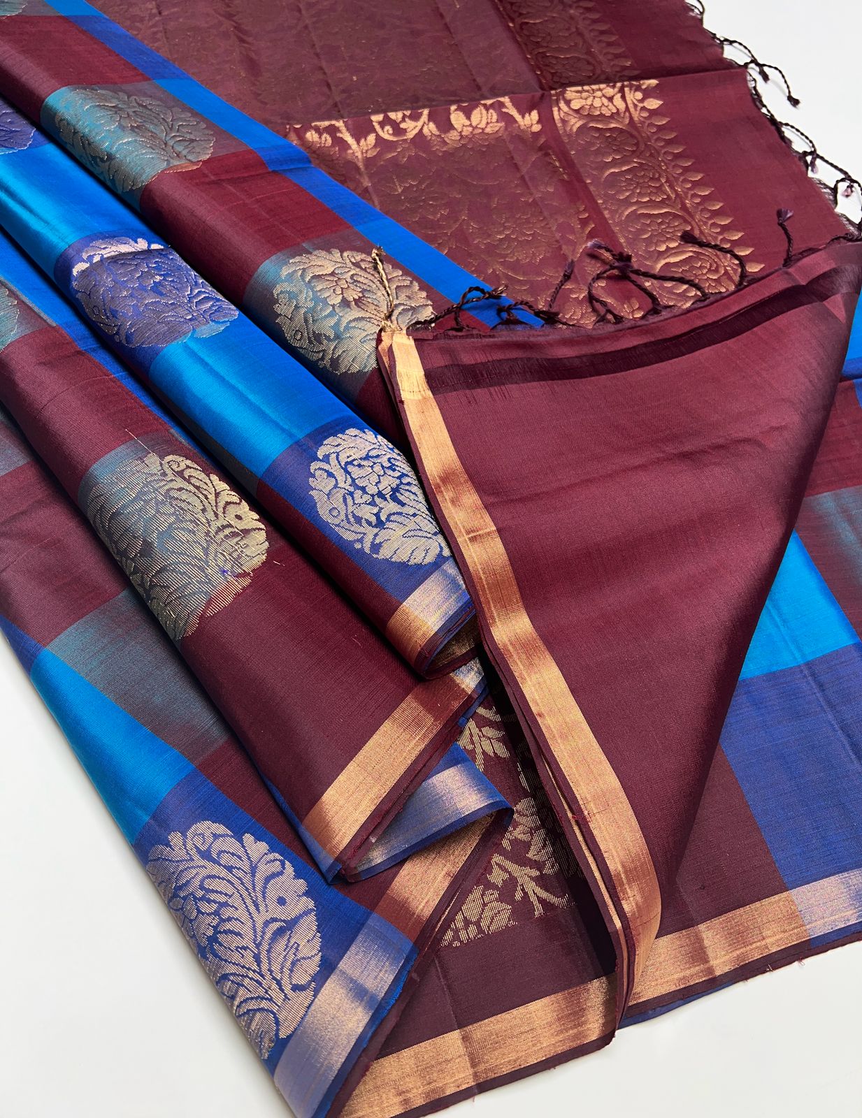 Blue & Brown - Soft Silk Saree