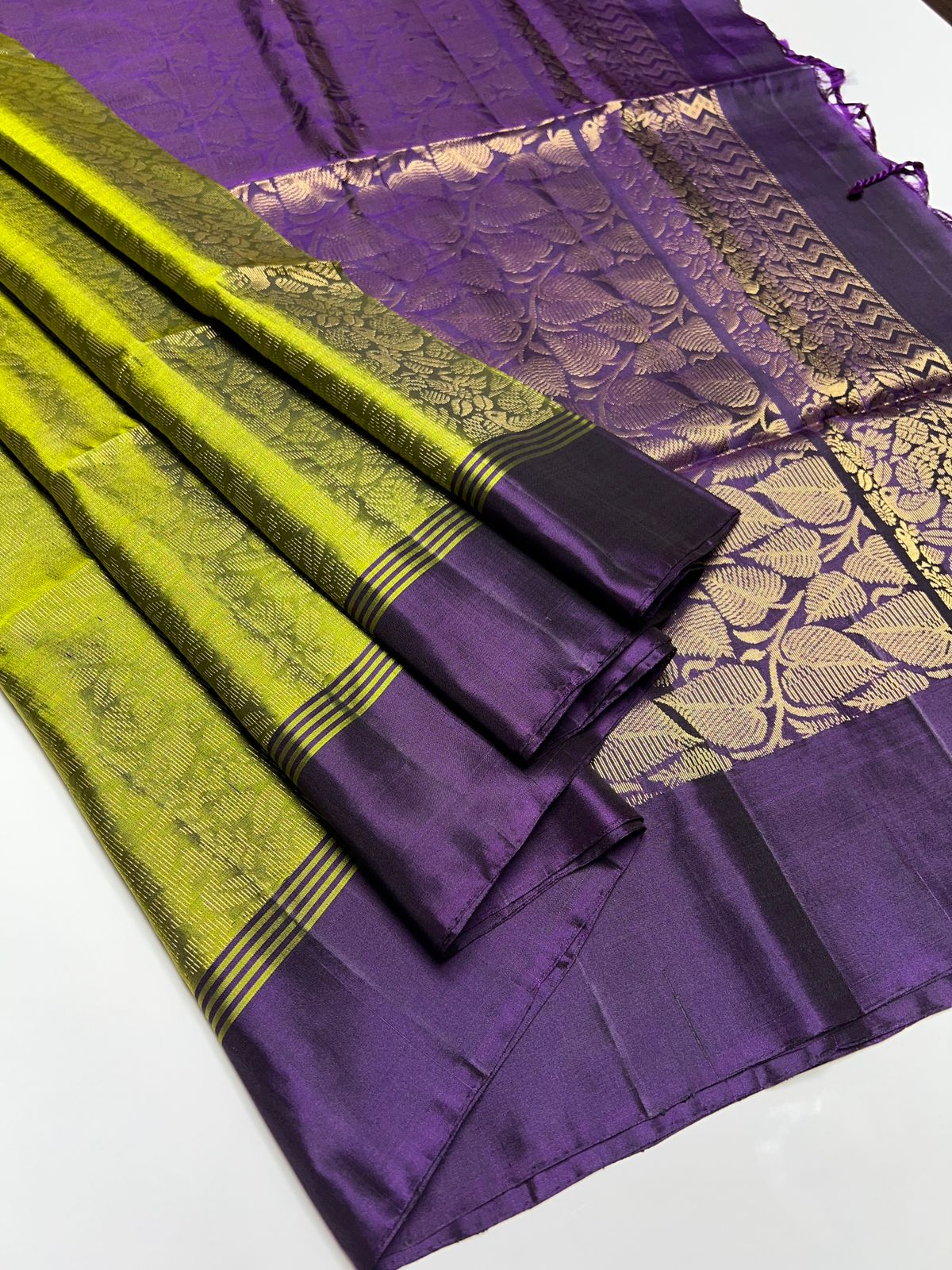 Parrot Green & Purple - Soft Silk Saree