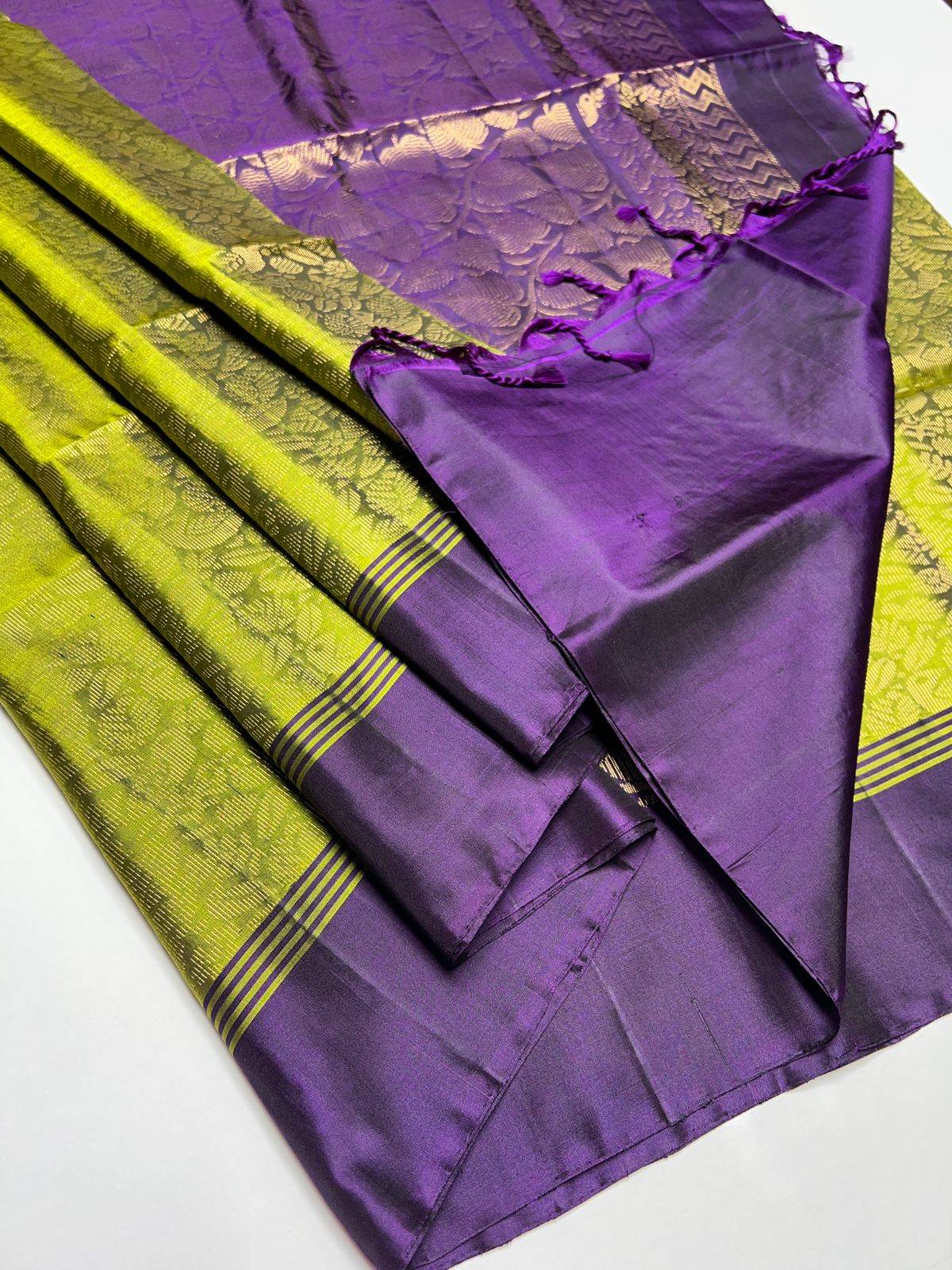 Parrot Green & Purple - Soft Silk Saree