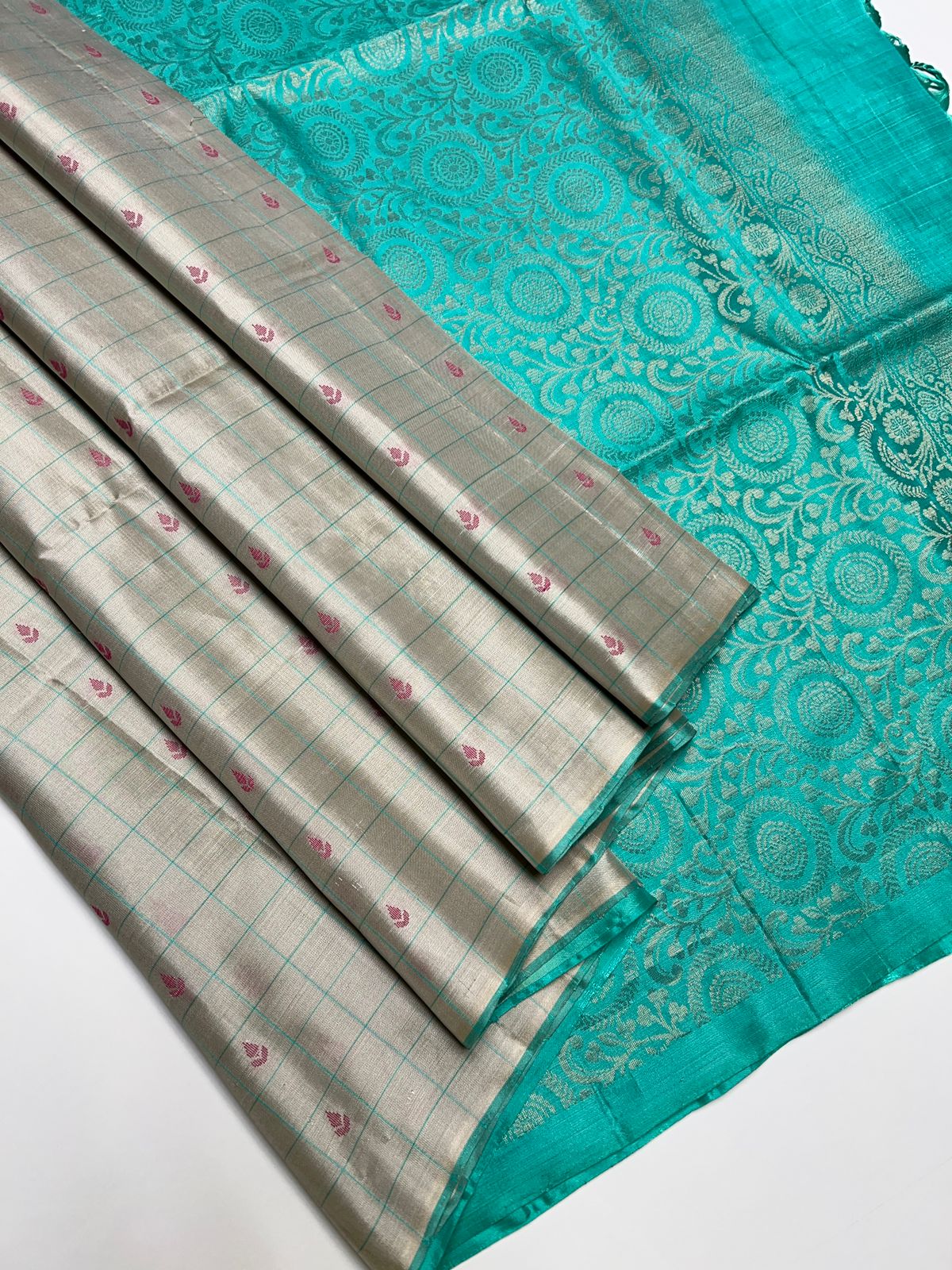 Half White & Turquiose - Soft Silk Saree