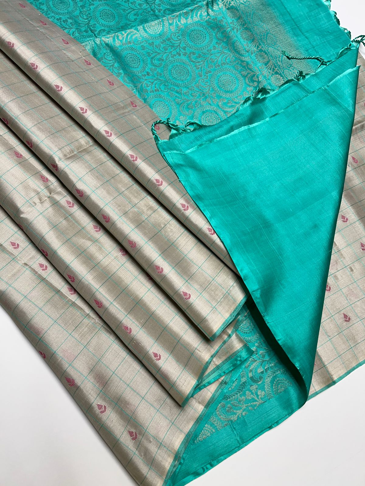 Half White & Turquiose - Soft Silk Saree