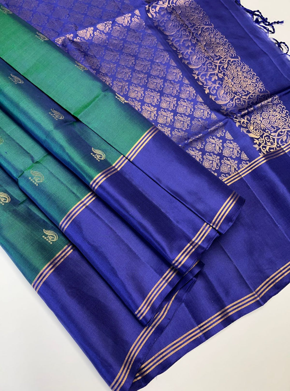 Peacock Green & Navy - Soft Silk Saree