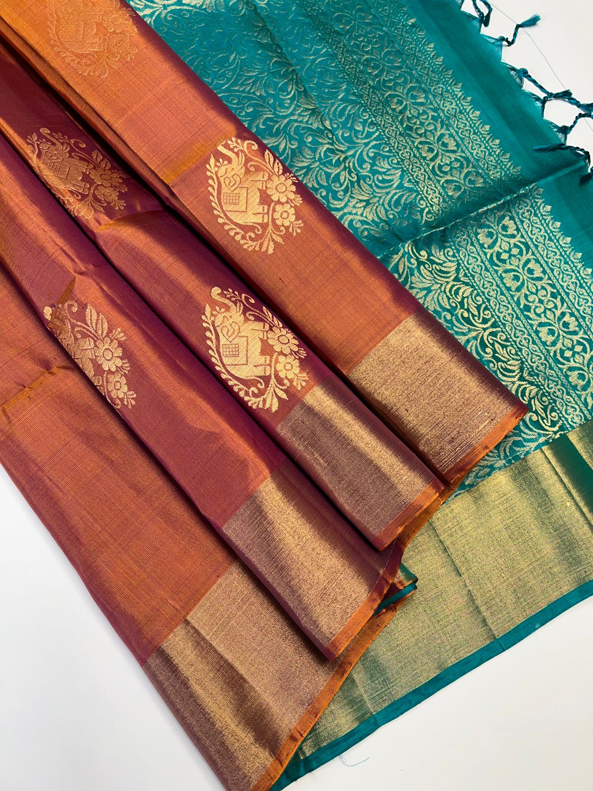 Burnt Orange & Rama Green - Soft Silk Saree