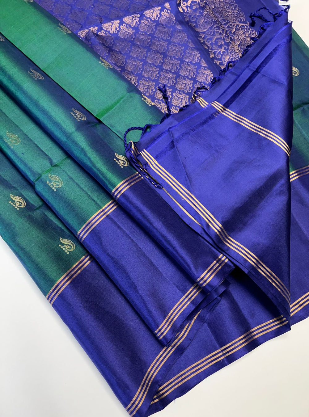 Peacock Green & Navy - Soft Silk Saree