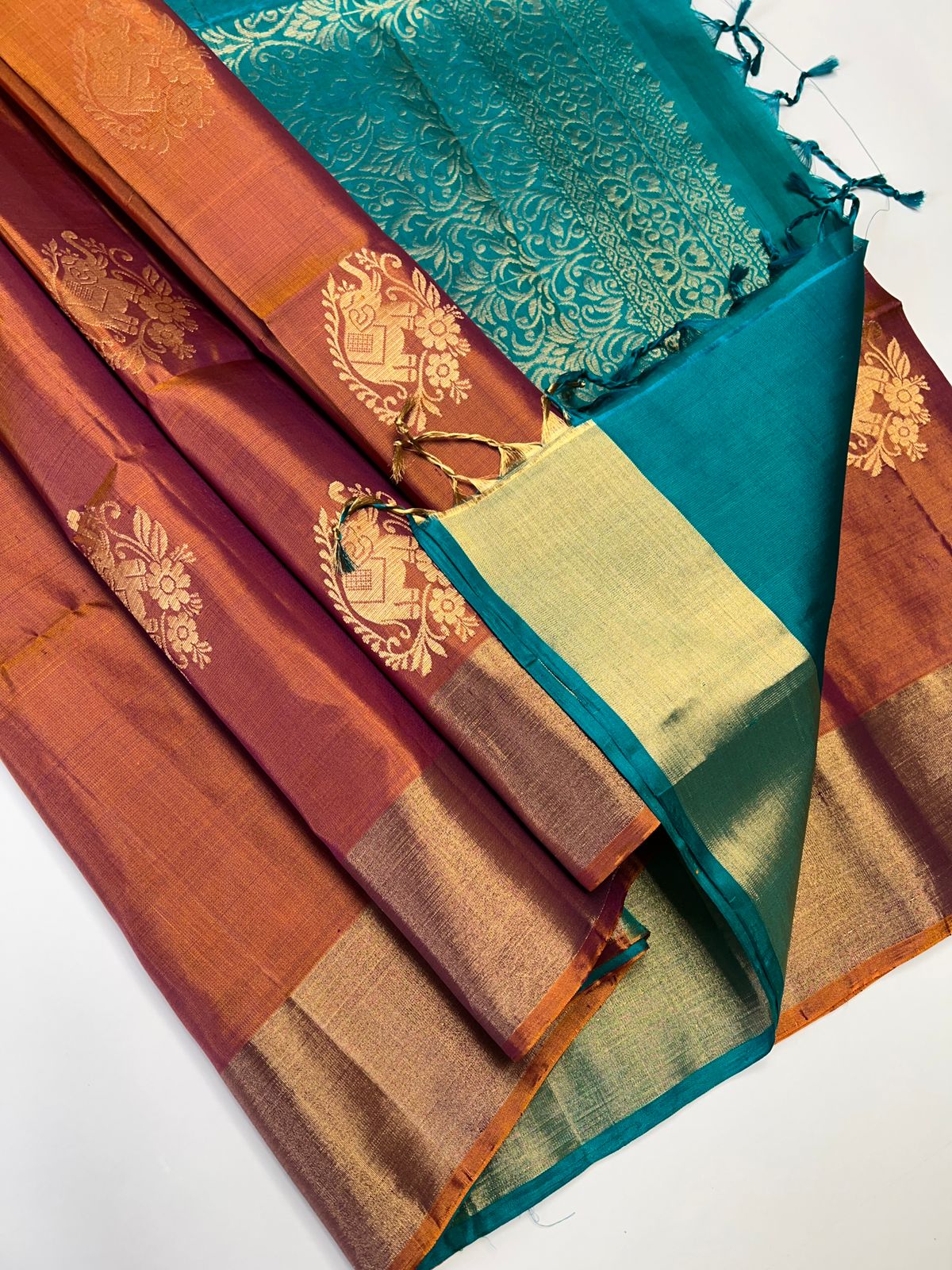 Burnt Orange & Rama Green - Soft Silk Saree