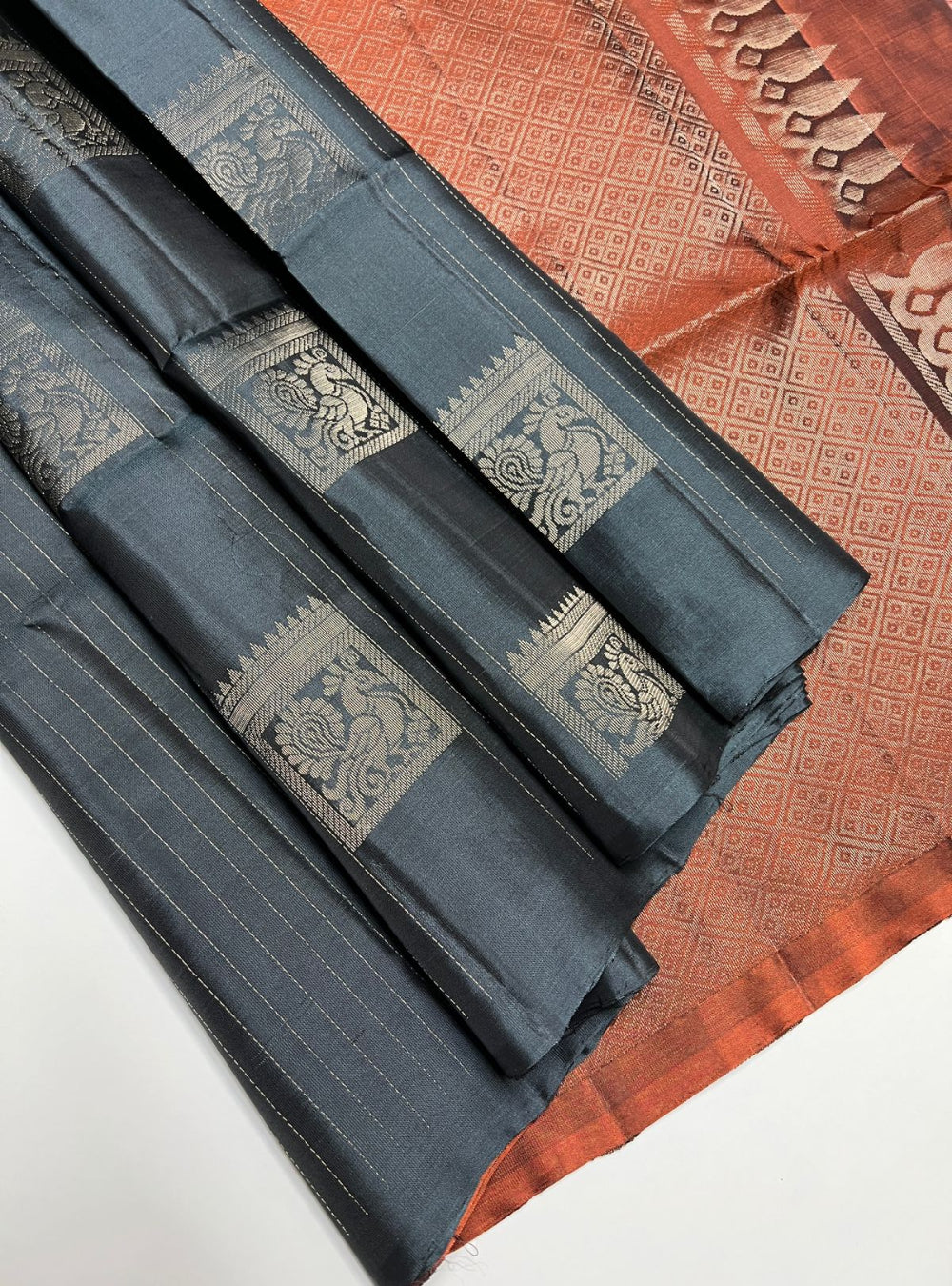 Charcoal Grey & Burnt Orange - Soft Silk Saree