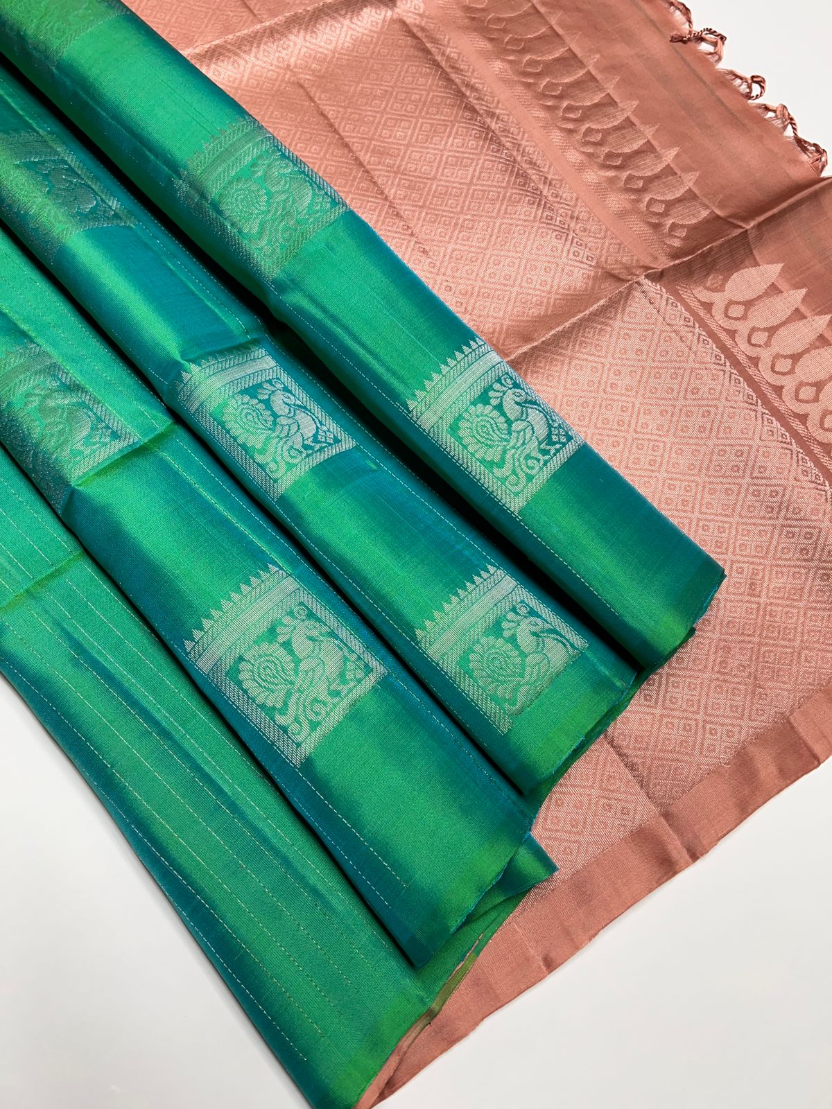 Green & Dusty Peach - Soft Silk Saree
