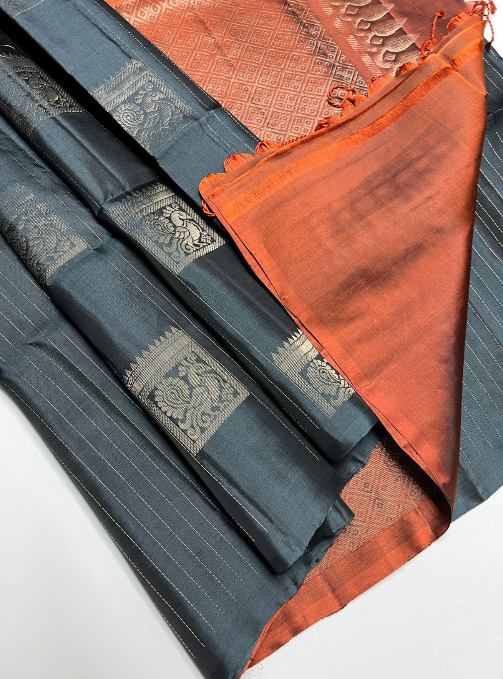 Charcoal Grey & Burnt Orange - Soft Silk Saree