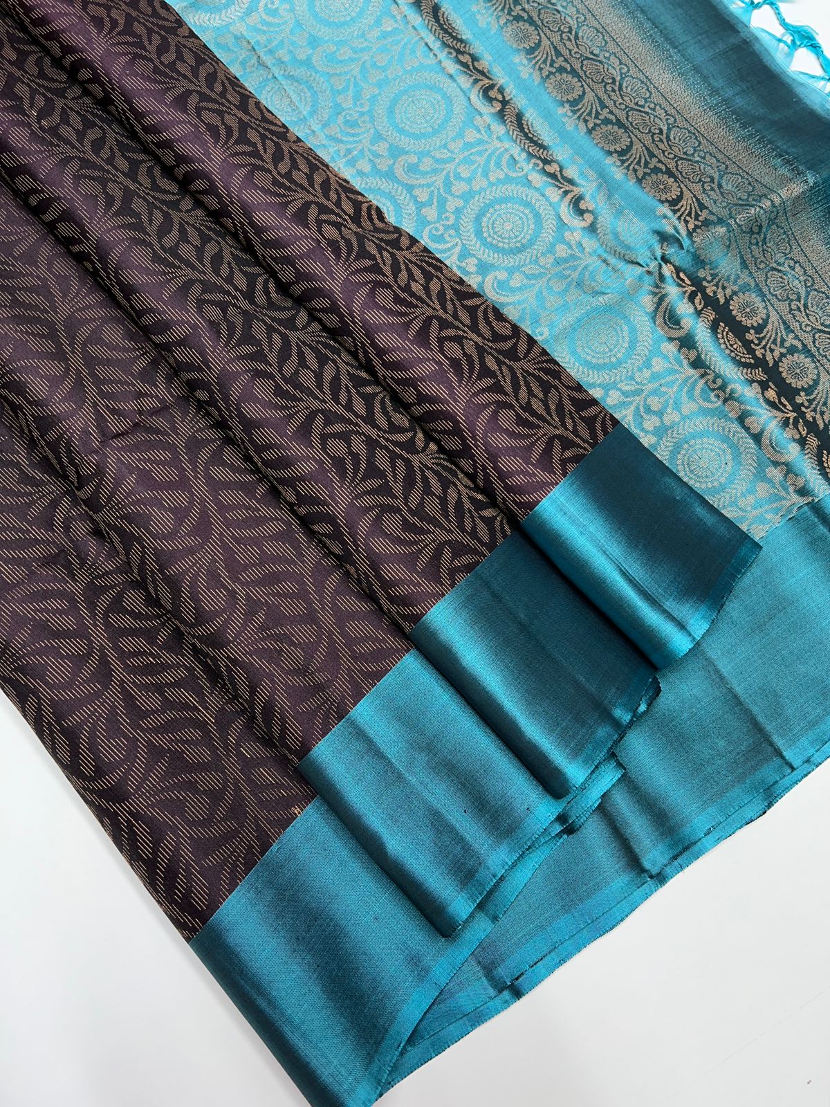 Coffee Brown & Mint Blue -  Soft Silk Saree