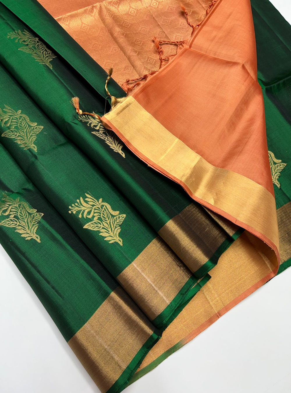 Bottle Green & Dusty Peach  - Soft Silk Saree